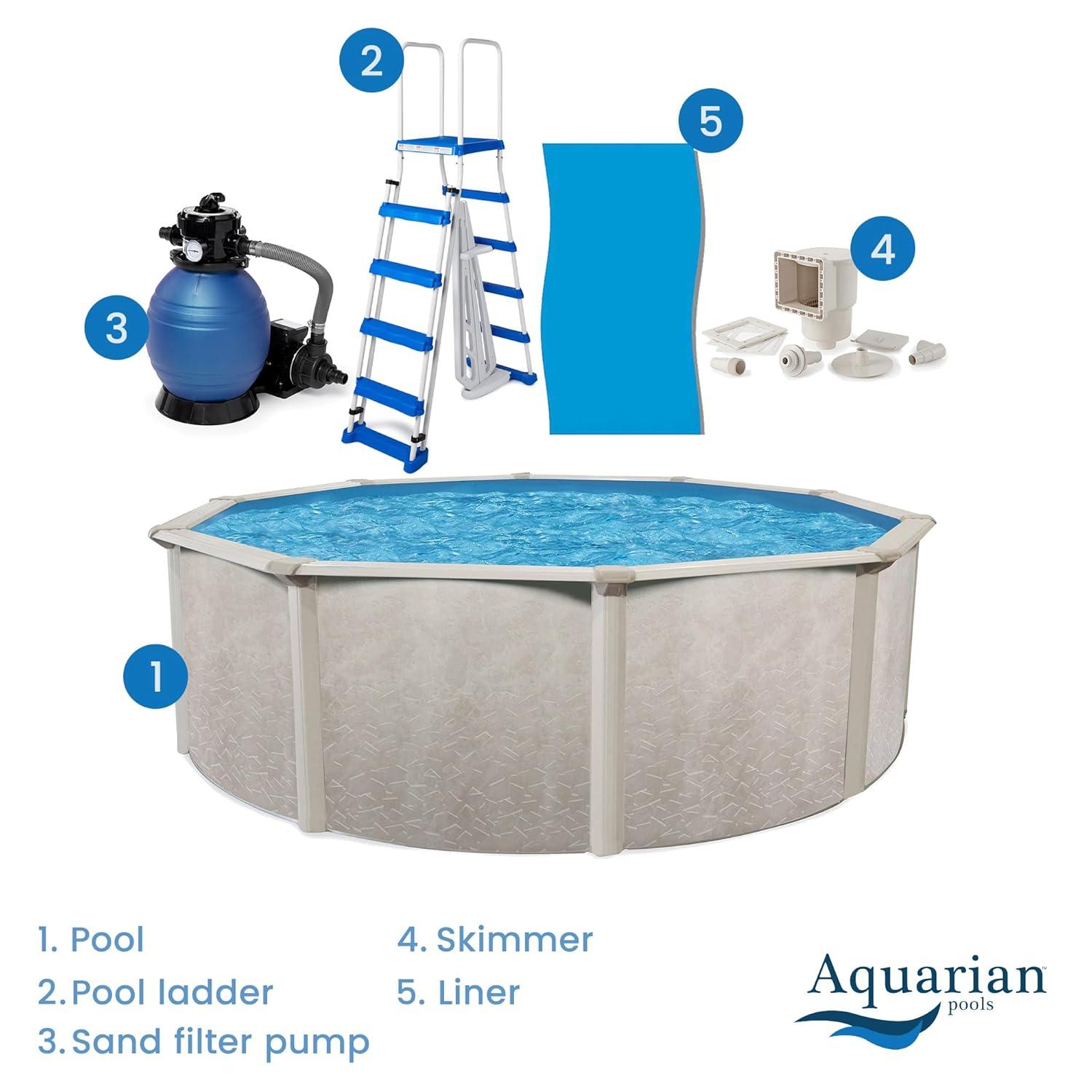 Aquarian Phoenix 18' x 52" Steel Frame Above-Ground Pool Kit, DIY Family Size Backyard Pool with Sand Filter Pump, Ladder, Liner, & Thru-Wall Skimmer