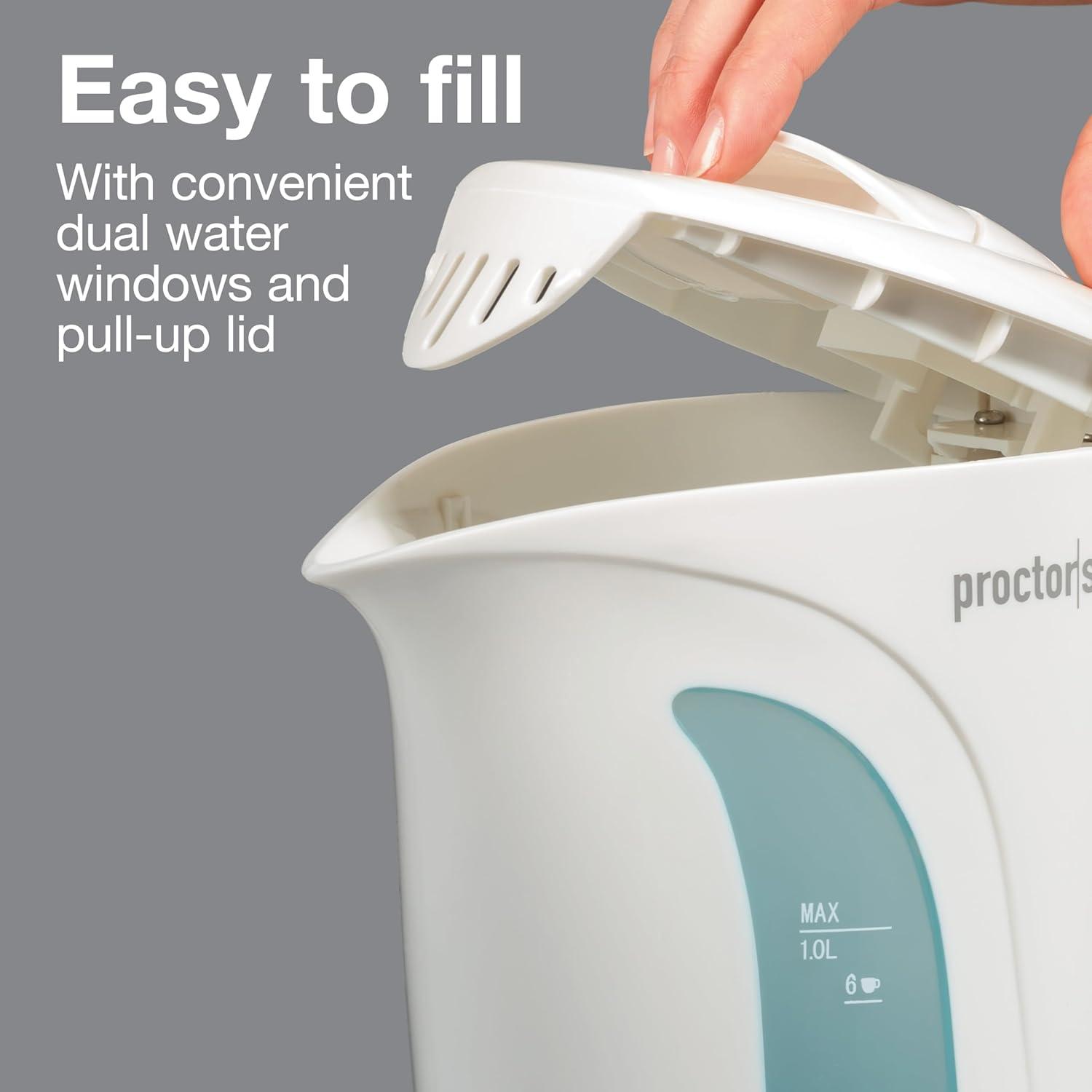 Proctor Silex Electric Kettle, Auto Shutoff, Boil-Dry Protection, 1 Liter, White, New, K2070PS