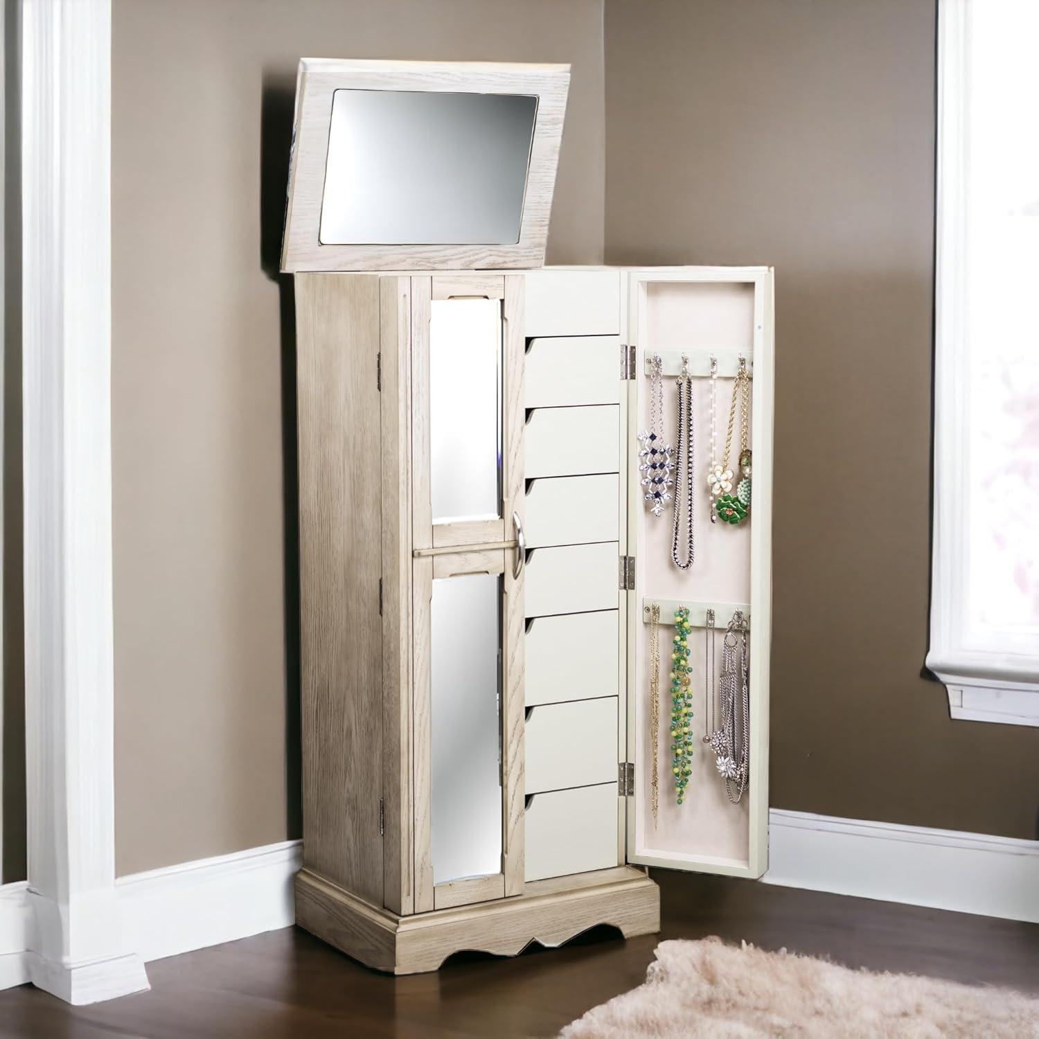 Hives & Honey Meadow Standing Jewelry Armoire Cabinet, Jewelry Storage Organizer with Top Flip Mirror, 2 Doors, 7 Drawers, Jewelry Chest, Jewelry Box for Necklace, Earring, Bracelet, Taupe
