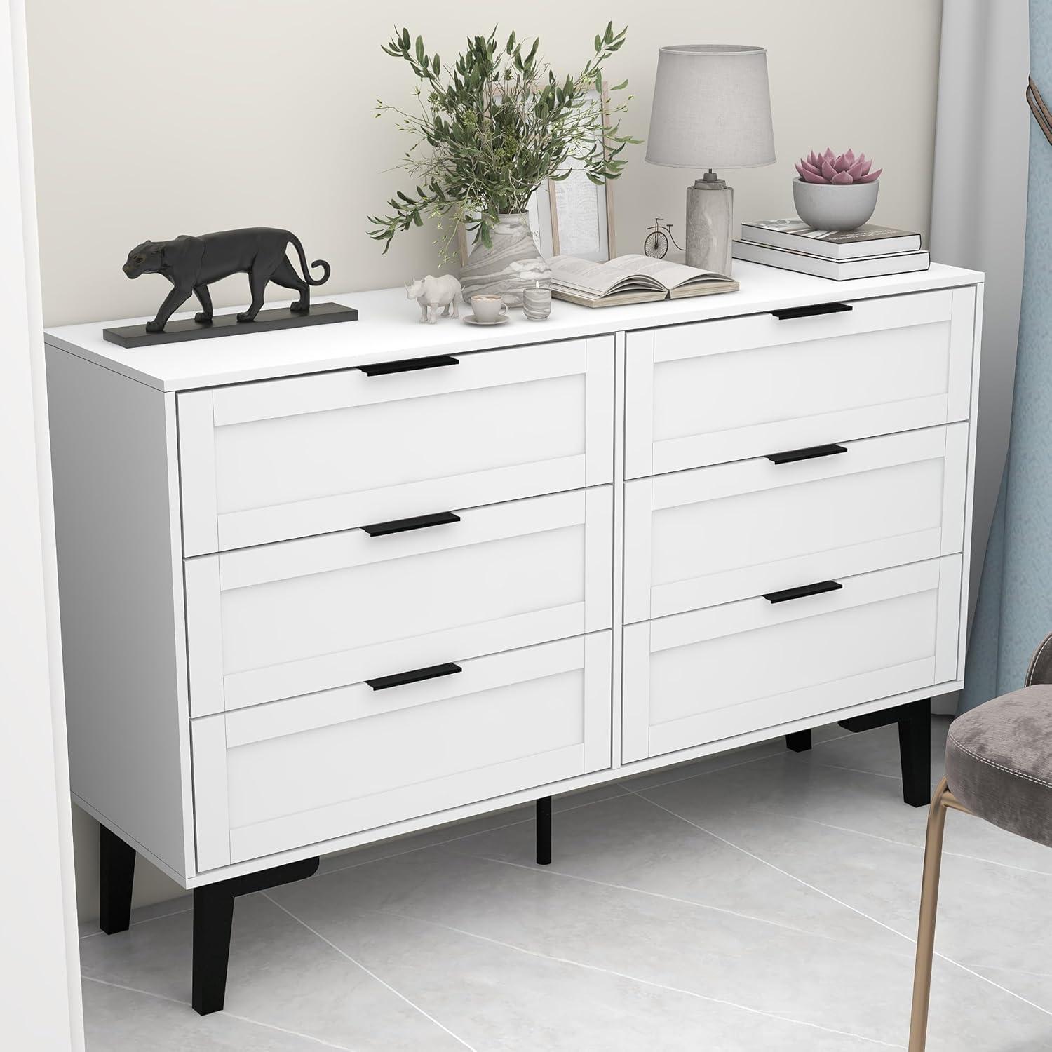 White MDF 6-Drawer Wide Chest of Drawers