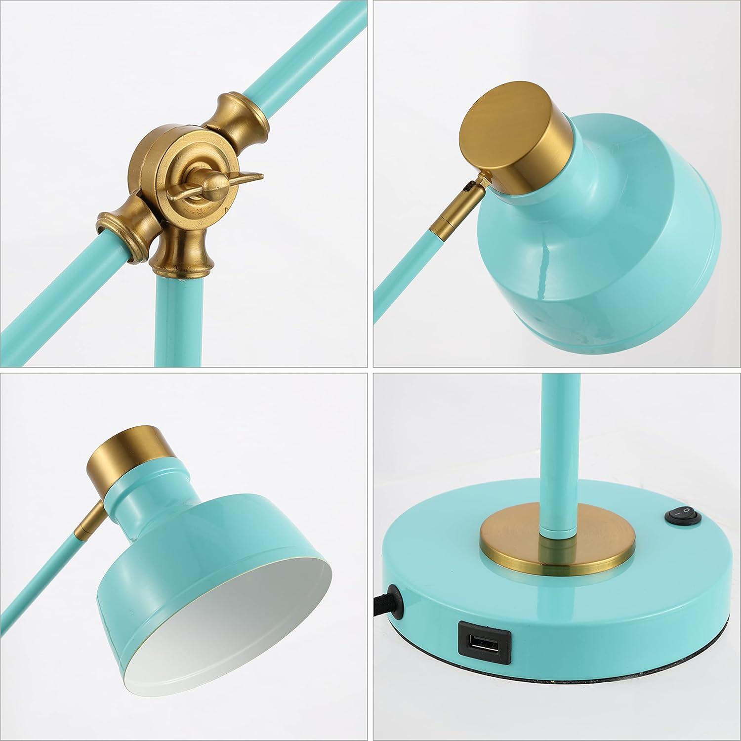 Cyan and Brass Adjustable Edison LED Task Lamp with USB