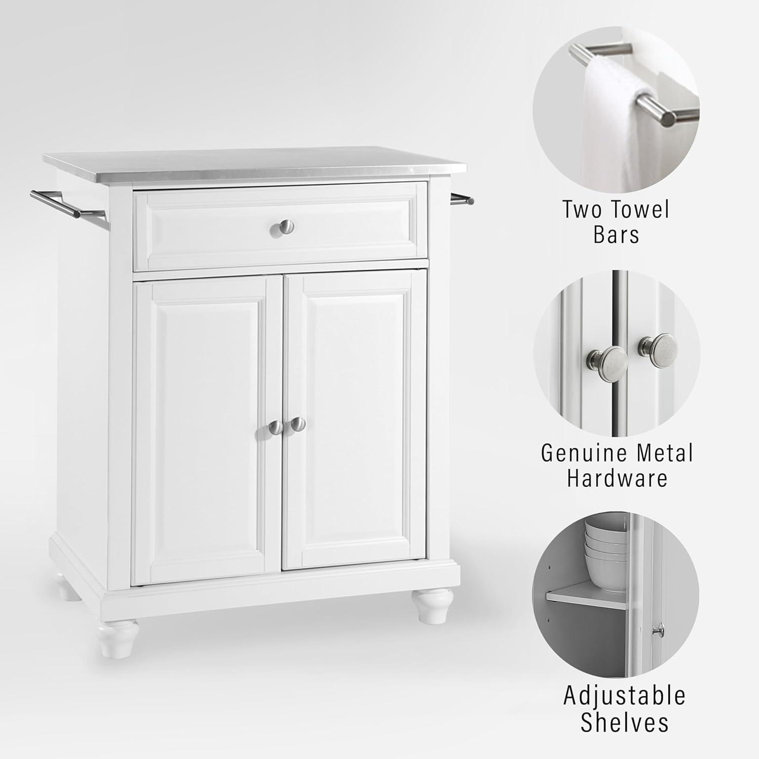 Cambridge Stainless Steel Top Portable Kitchen Island - White - Crosley: Hardwood Frame, Adjustable Shelves