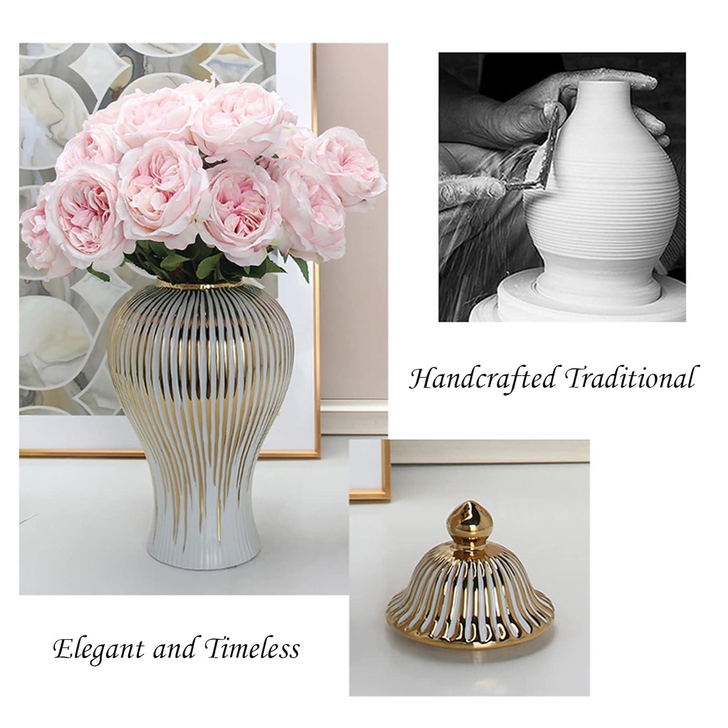 Large White and Gold Ceramic Ginger Jar Vase with Lid