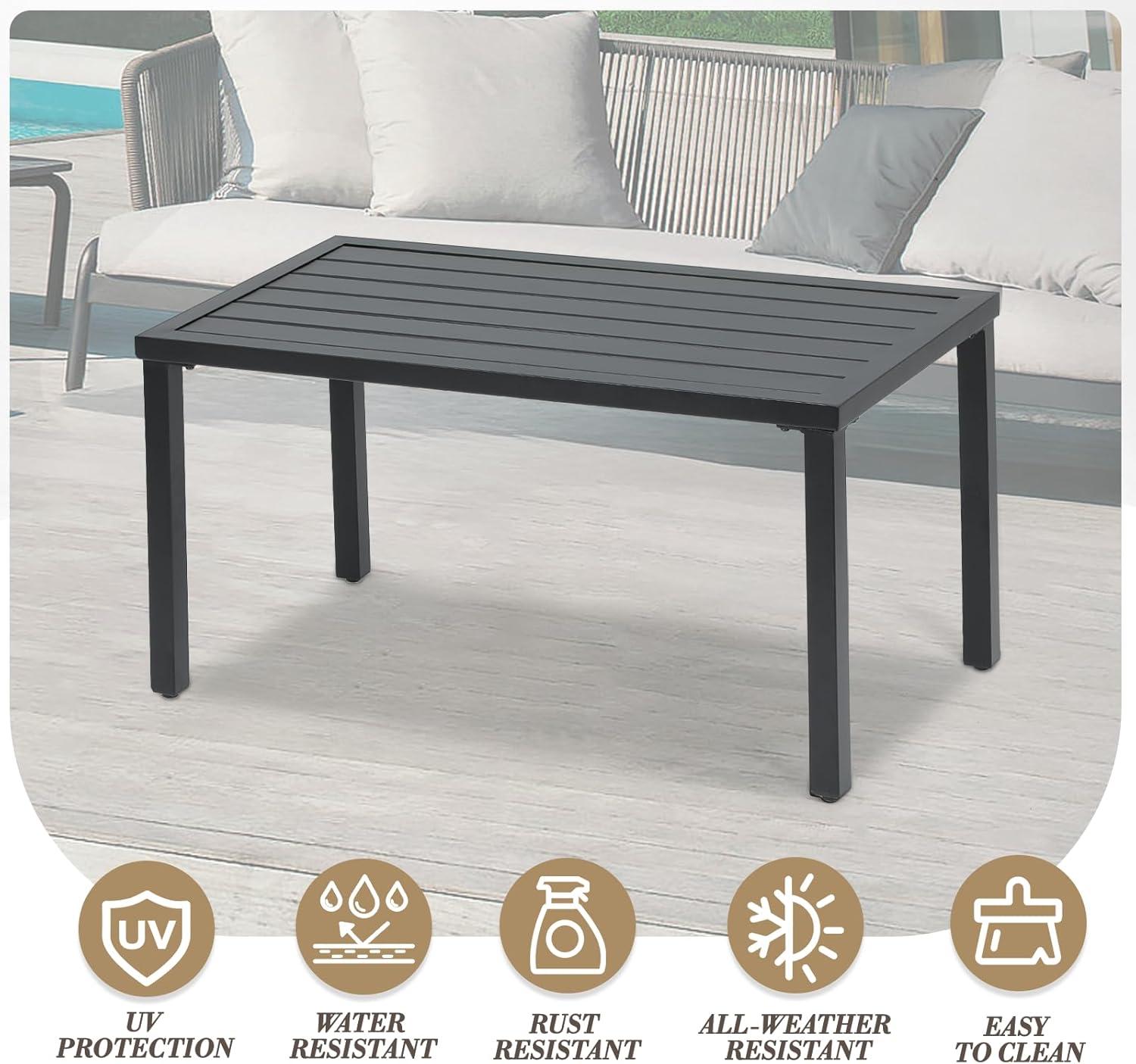 Athena Collection Small Outdoor Patio Coffee Table, 20 x 35 Retangular Metal Outdoor Patio End Table with Slatted Tabletop Waterproof for Indoor, Outside, Bistro, Balcony, Garden, Black