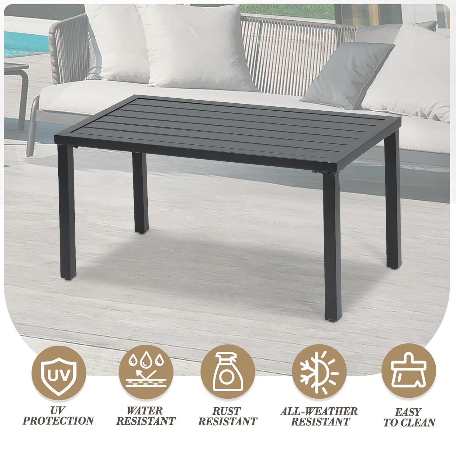 Athena Collection Small Outdoor Patio Coffee Table, 20 x 35 Retangular Metal Outdoor Patio End Table with Slatted Tabletop Waterproof for Indoor, Outside, Bistro, Balcony, Garden, Black