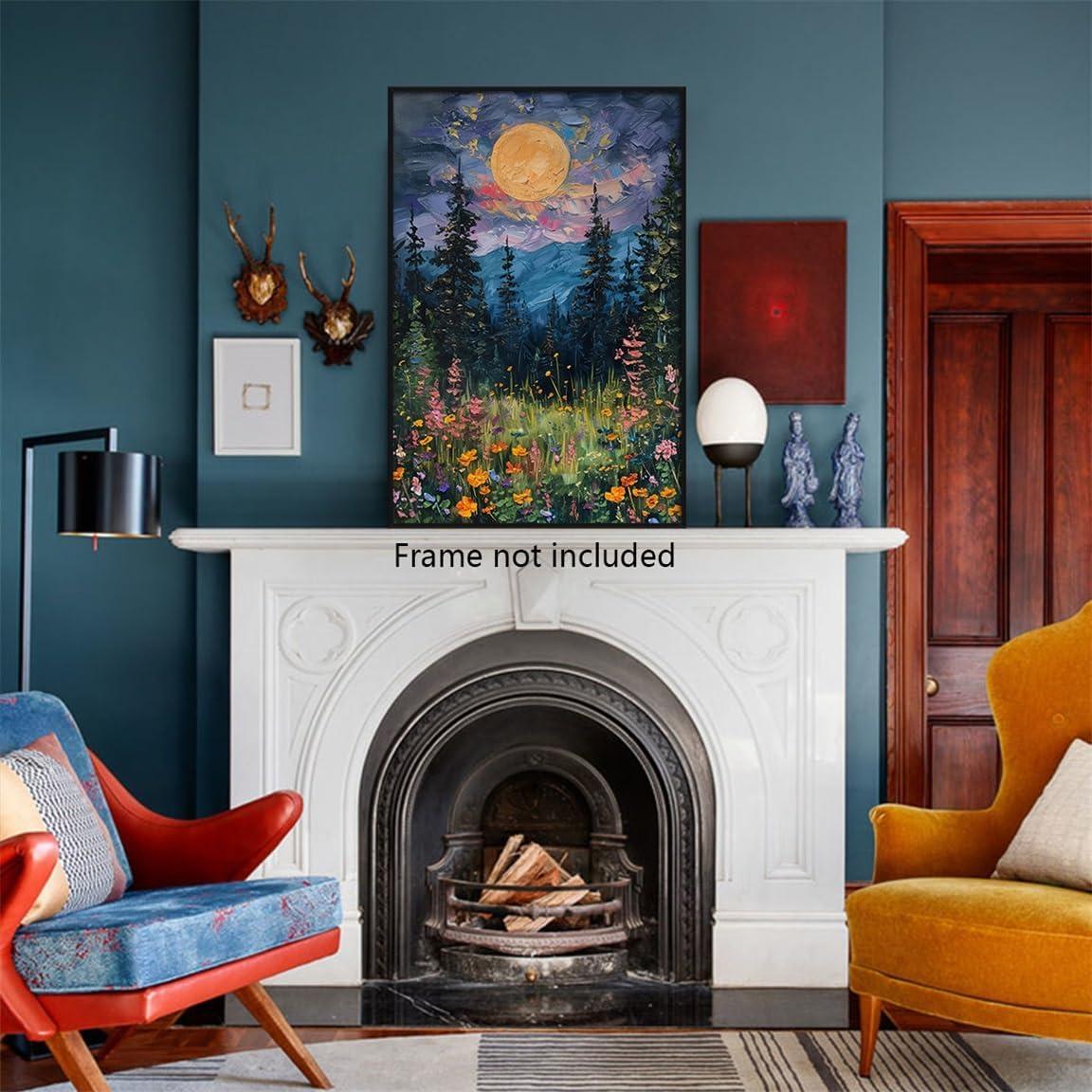 SYDposter Vintage Full Moon Above The Wildflowers Canvas Wall Art, Mystical Midnight Woodland Art Print Poster, Retro Flowers and Trees Nature Oil Painting, Dark Forest Landscape 12x16in Unframed