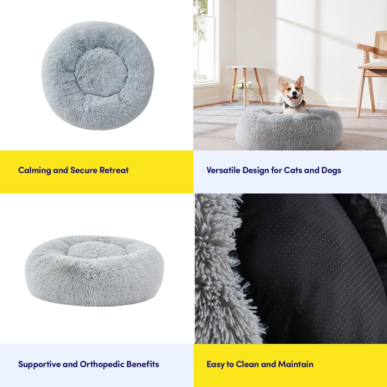 Dog & Cat Bed: Round Faux Fur Pet Bed - Plush, Cozy, & Calming Donut Bed for Medium Pets - Soft & Comfortable Sleeping Cushion for Napping & Lounging, 23" Round, Silver