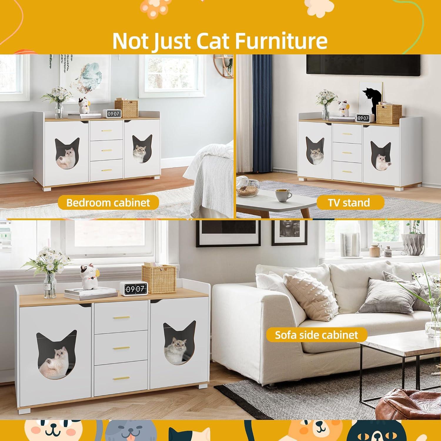 DWVO Large Hidden Cat Litter Box Enclosure Furniture with 2 Shelf Cat Washroom Storage with Charging Station，Wooden Cat Cabinet for Litter Box - Gray