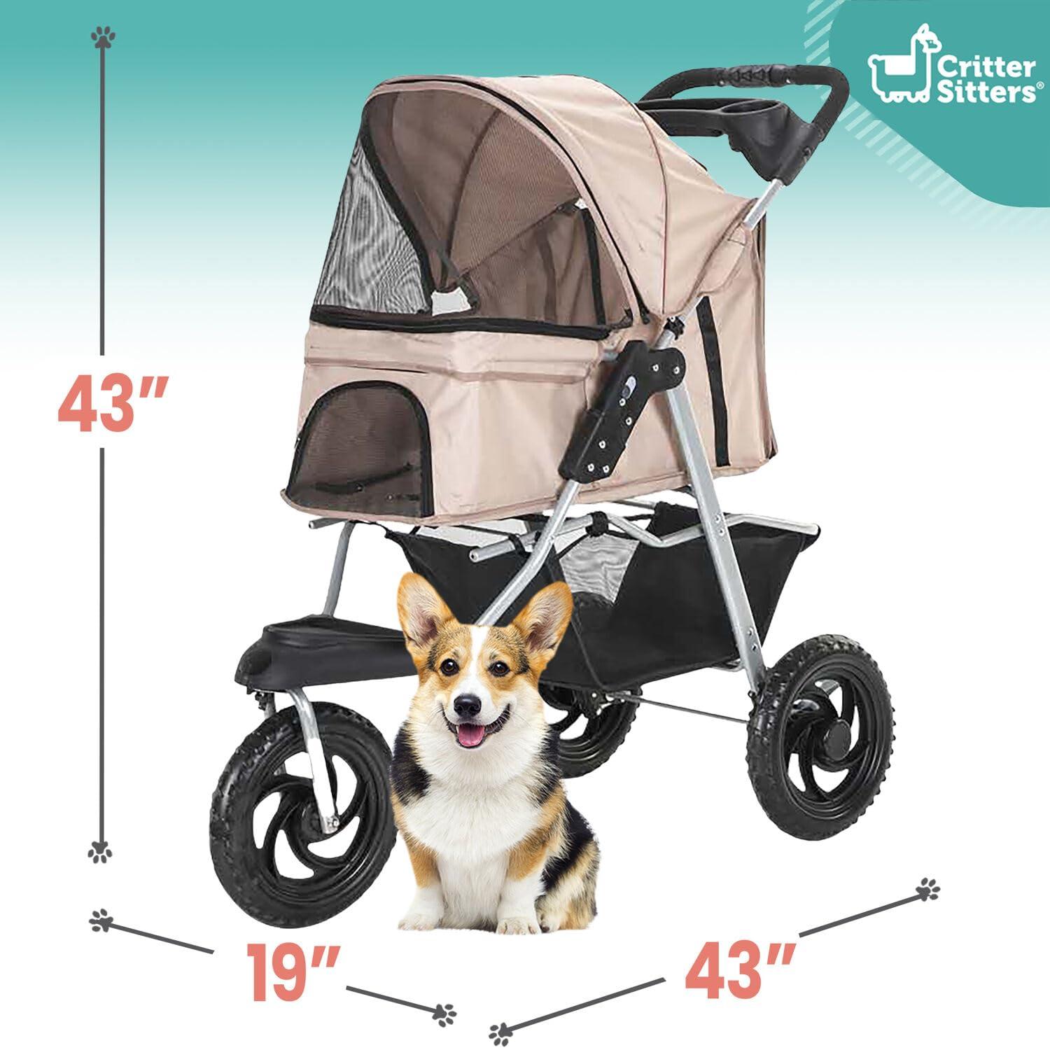 Tan 3-Wheel Jogging Pet Stroller with Storage Basket