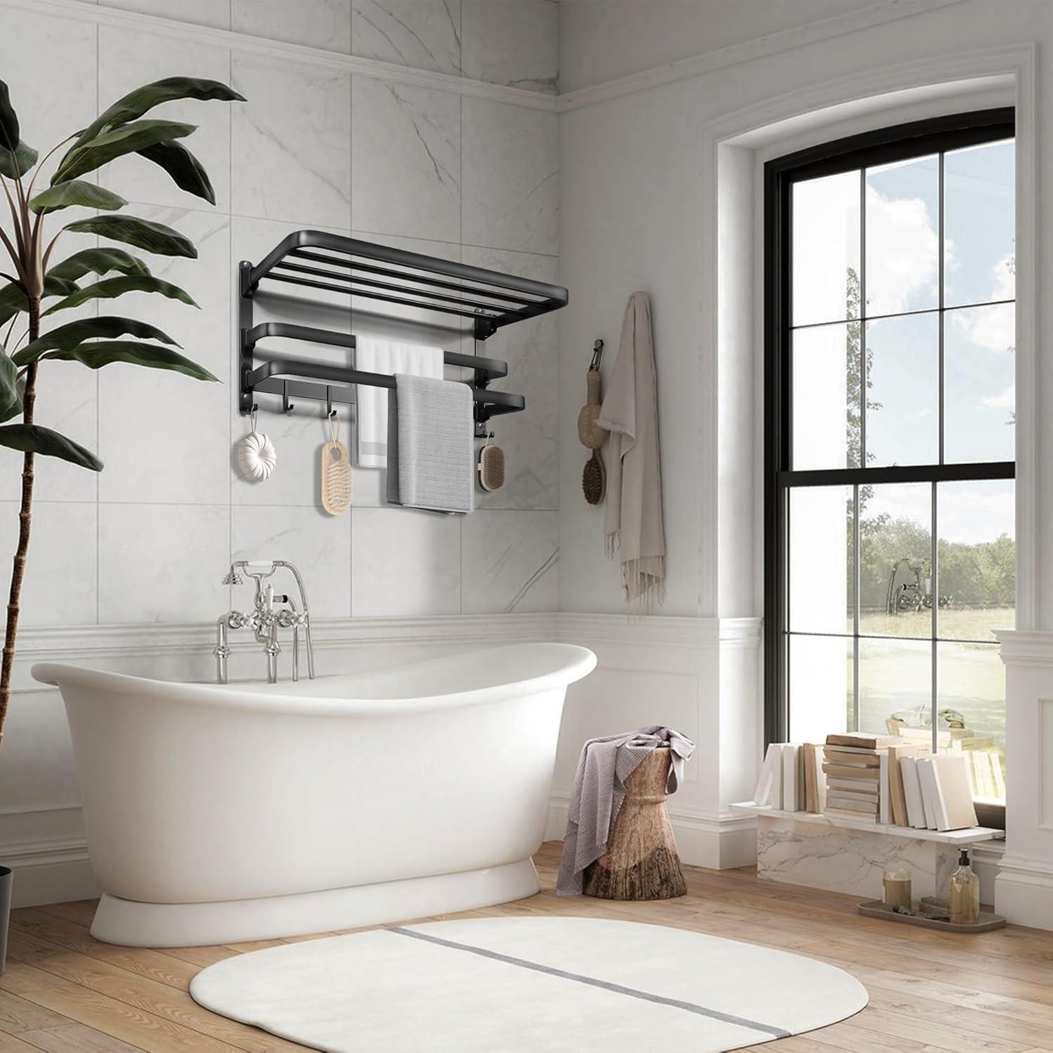 VOLDRA Towel Racks for Bathroom, 24-Inch Towel Shelf with Towel Bar Foldable Towel Holder with 7 Hooks Towel Storage Organizer for Bathroom & Lavatory Wall Mounted(Matte Black)