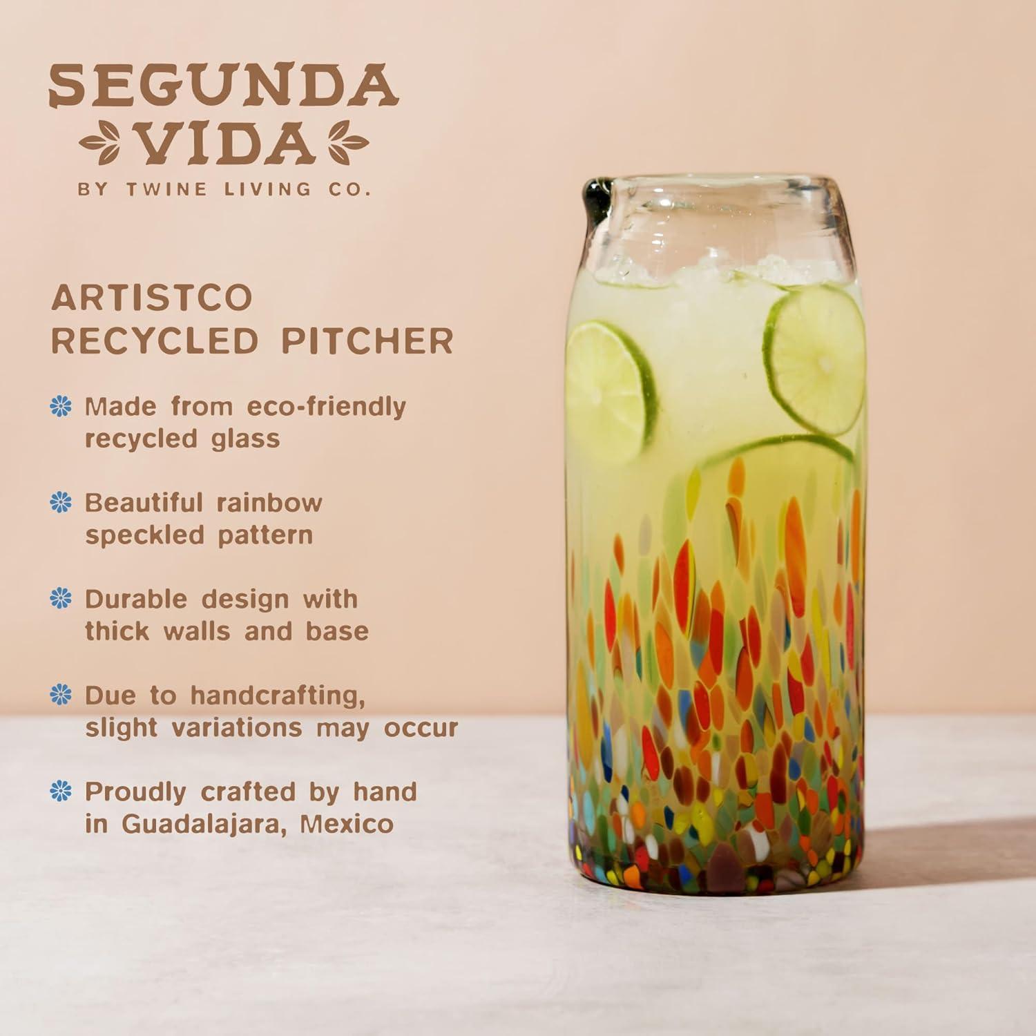 Segunda Vida Artistico Recycled Glass Carafe, Hand Blown Recycled Glass Pitcher, Home Cocktail Bar Gifts, Colored Glass, Multicolor 42oz Set of 1