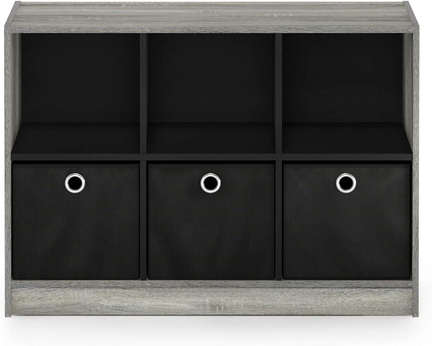 Furinno Basic 3x2 Bookcase Storage with Bins, French Oak/Black