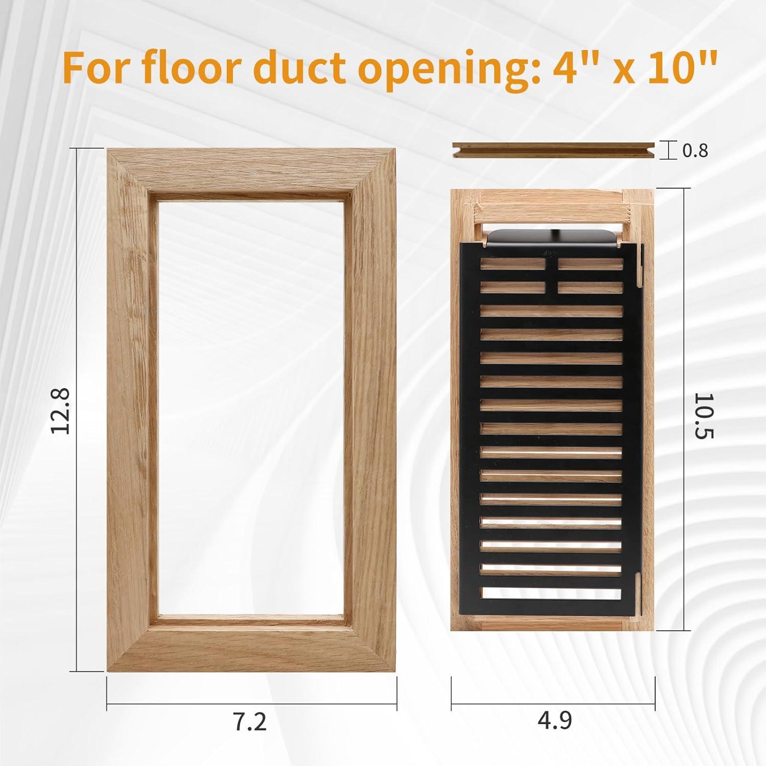 Hardwood White Oak Floor Register, Flush Mount with Frame, 4x10 Inch, Unfinished