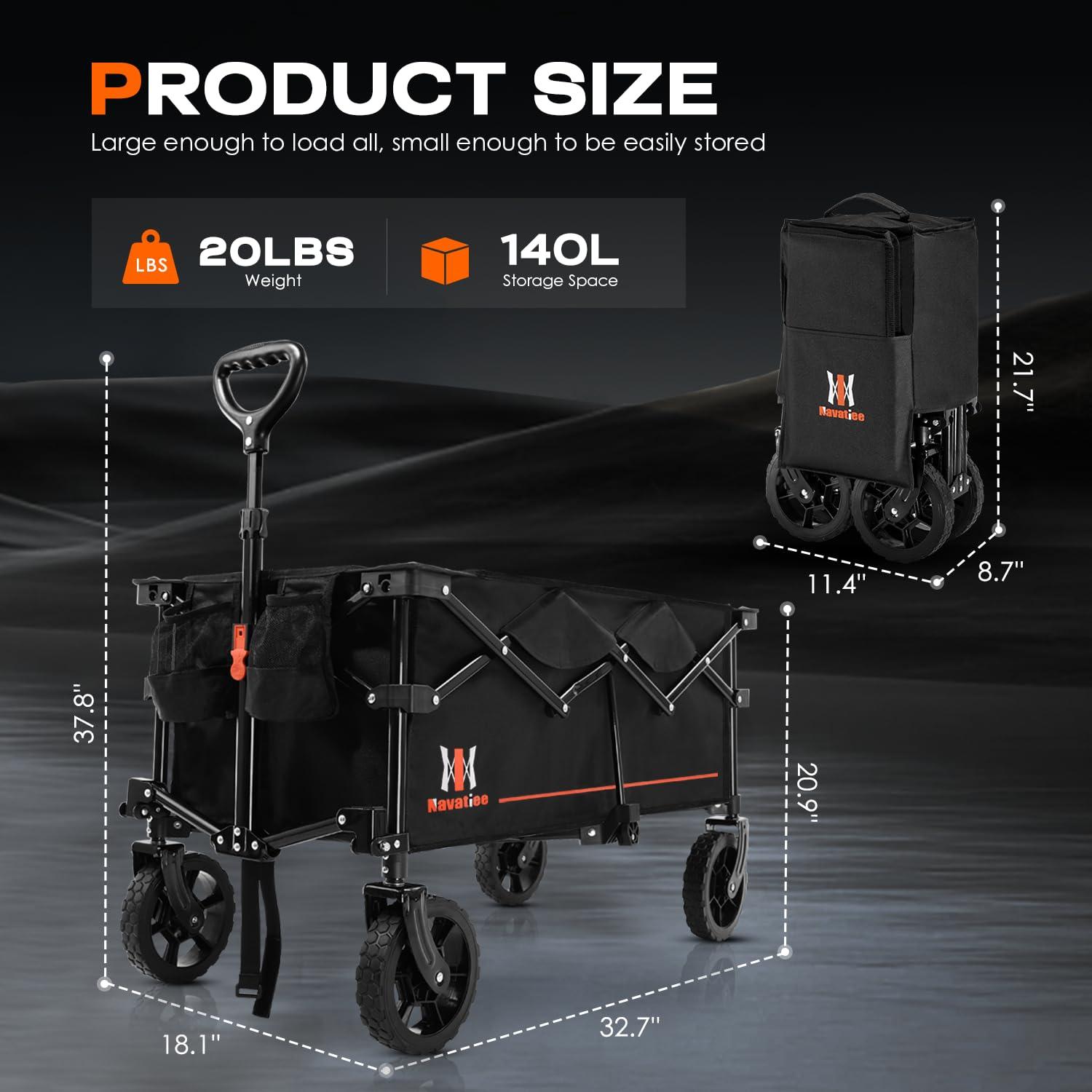 140L Collapsible Wagon Cart Foldable, Folding Utility Grocery Cart with Side Pocket and Brakes for Shopping, Sports, Camping and Garden, Black
