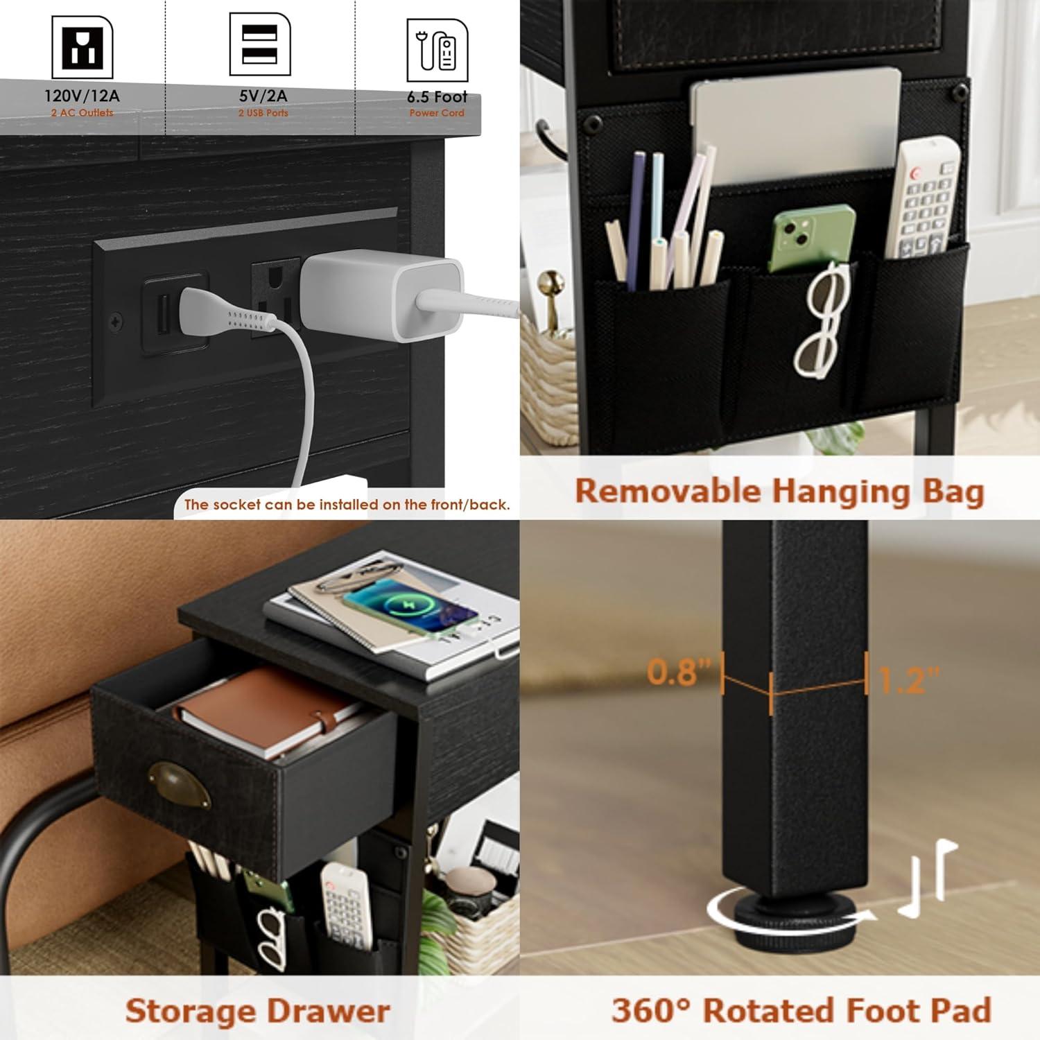 Accreate 23" End Table with Charging Station - Narrow Side Table with USB Ports, Outlets, and Storage Drawers for Living Room and Bedroom