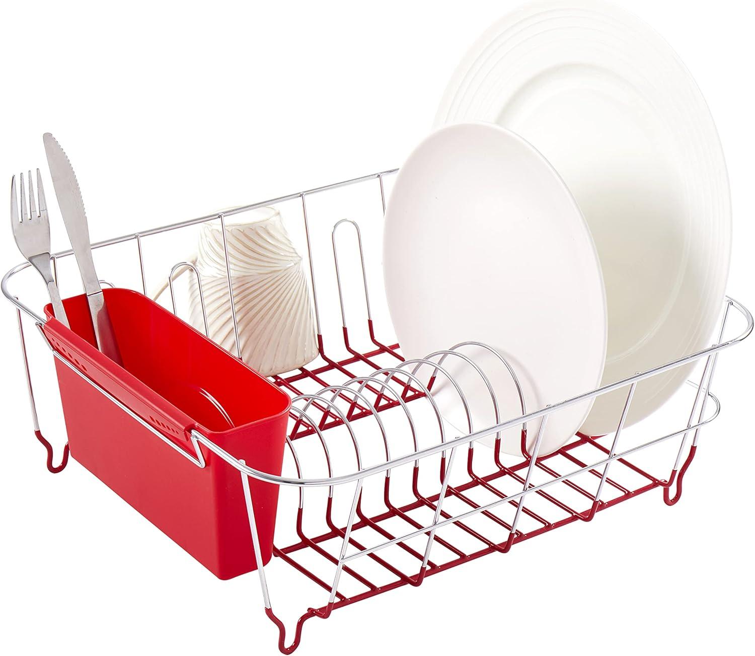 Red Metal Dish Drying Rack with Utensil Holder