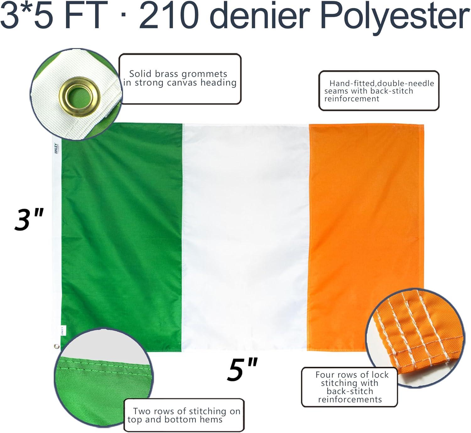 Anley EverStrong Series Ireland Flag 3x5 Foot - Nylon Embroidery IE Irish Banner Flags