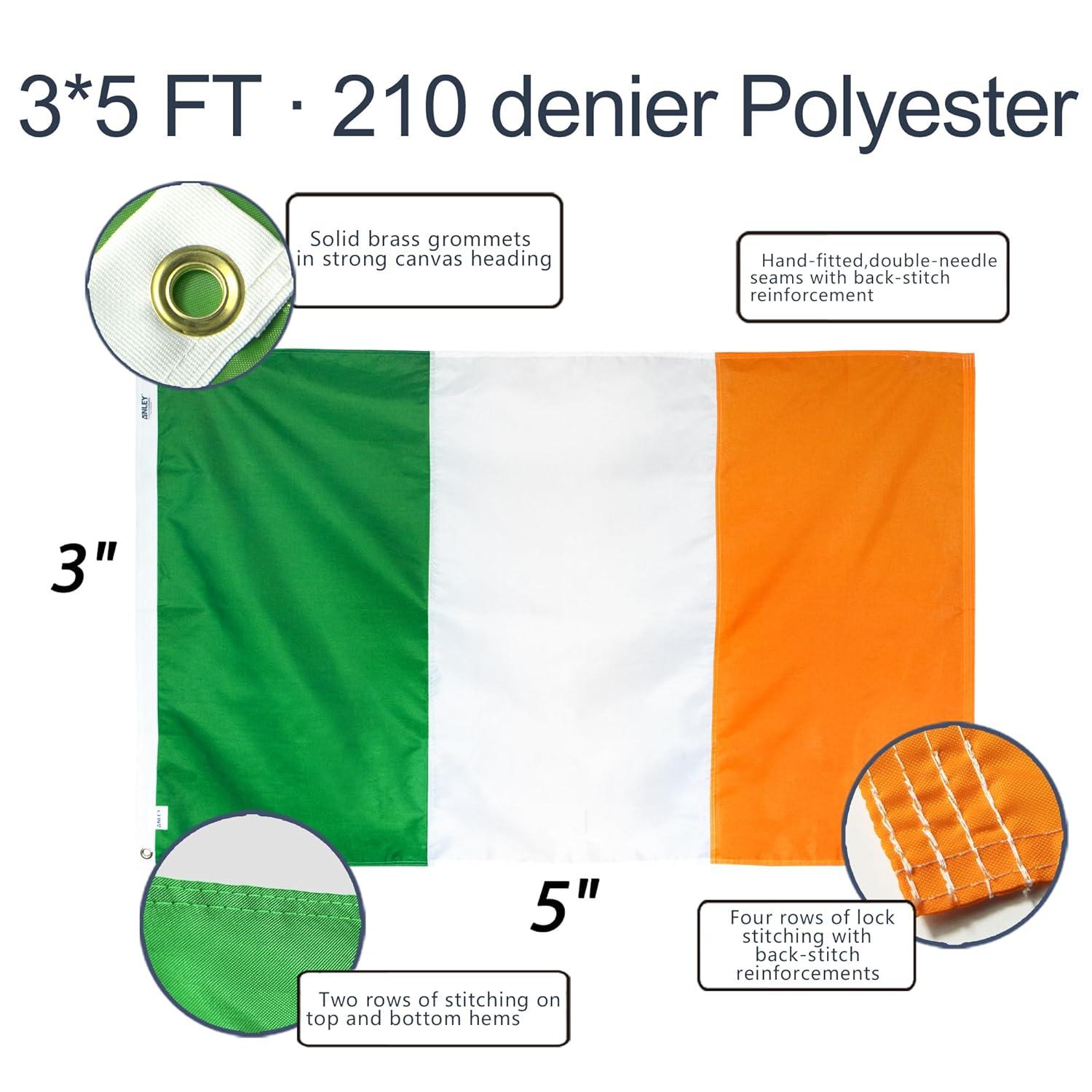 Anley EverStrong Series Ireland Flag 3x5 Foot - Nylon Embroidery IE Irish Banner Flags