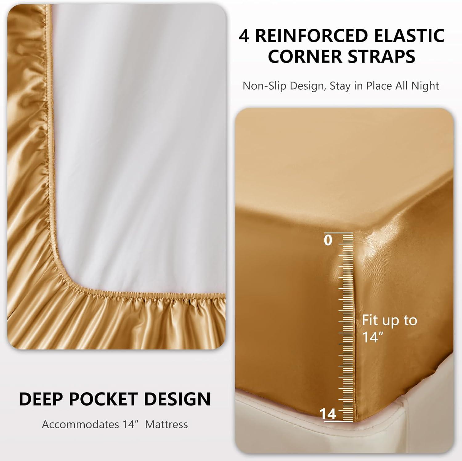 King Size Soft Gold Satin 4-Piece Deep Pocket Sheet Set