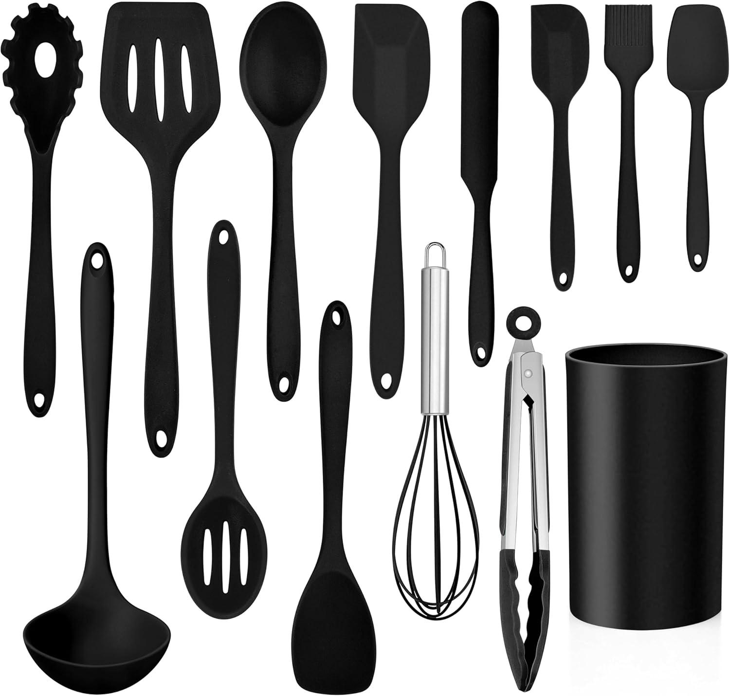 Walchoice 14 Pcs Cooking Utensils Set with Holder, Heat Resistant Silicone Kitchen Cookware Utensils Set, Kitchen Cooking Tools Includes Spatula Spoon Turner Whisk Tong, Dishwasher safe, Black