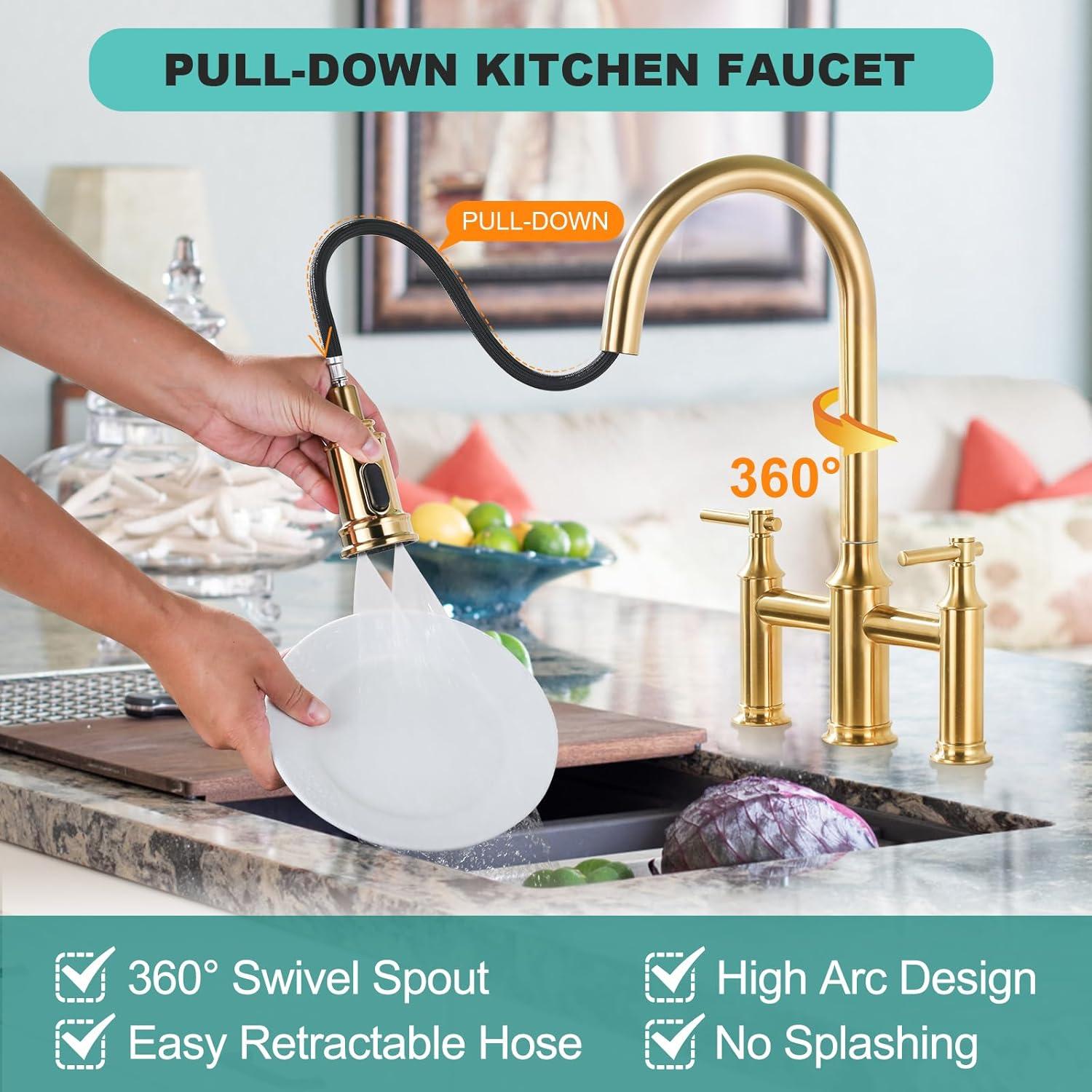 Brushed Gold High-Arc Stainless Steel Kitchen Faucet with Pull-out Spray