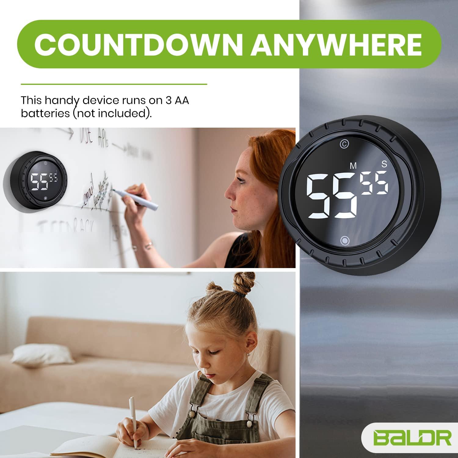 Baldr Kitchen Timer - Smart Countdown/Count Up Digital Timer with Rotating Desk Display, Quiet & Beeping Alerts, Strong Magnetic Backing - for Kitchen & Classroom (Black)