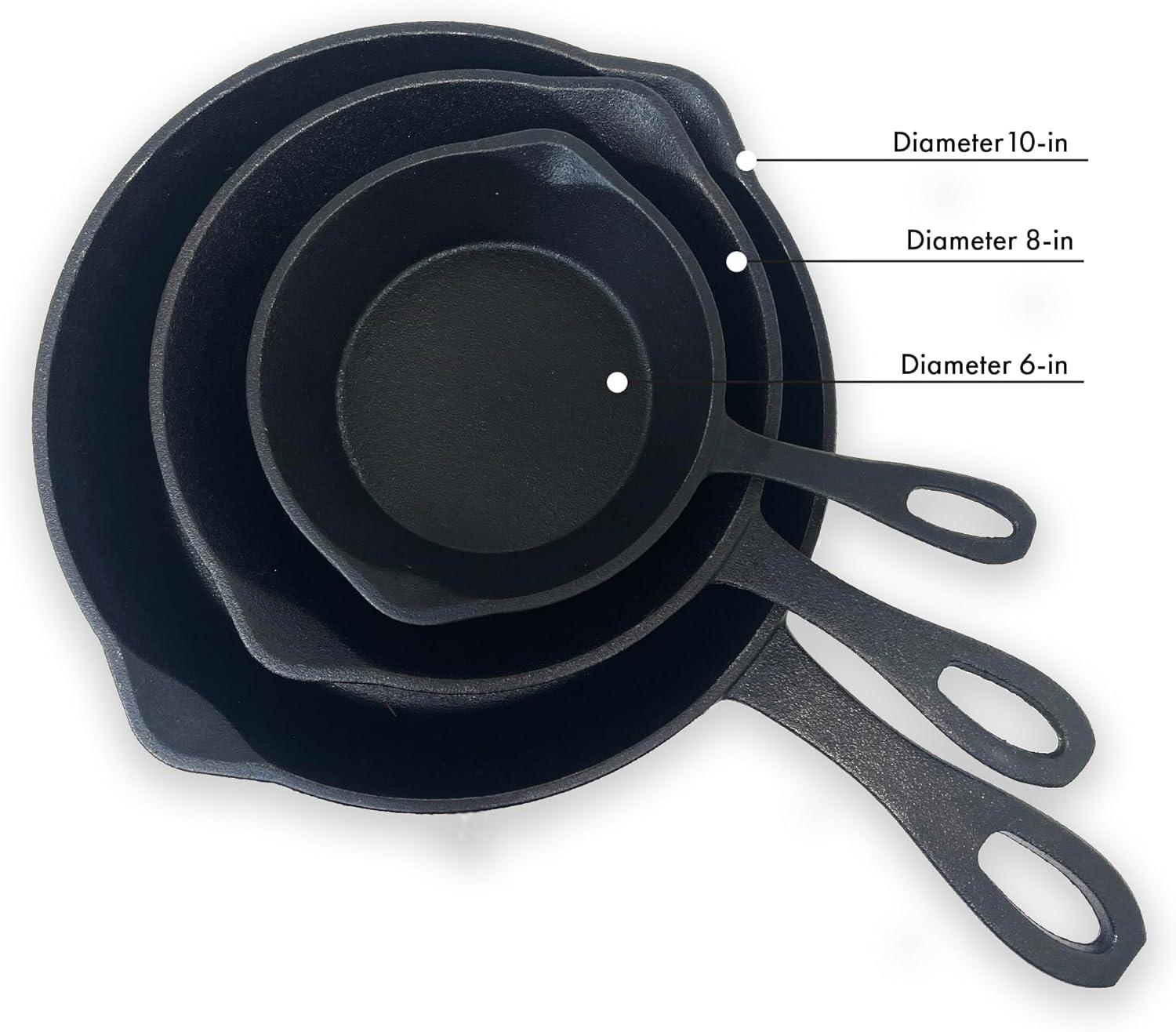 Bayou Classic Pre-Seasoned Cast Iron Skillet Set - 6, 8, & 10 Inch