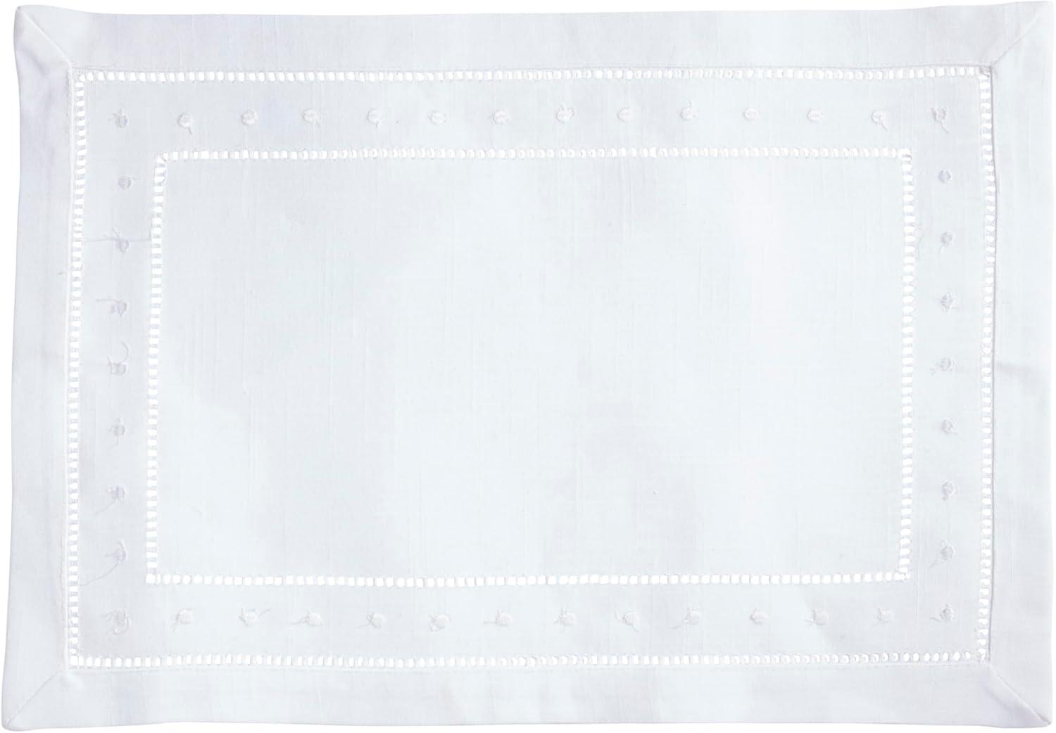 White Hemstitch Embroidered Polyester Rectangle Placemats, Set of 12