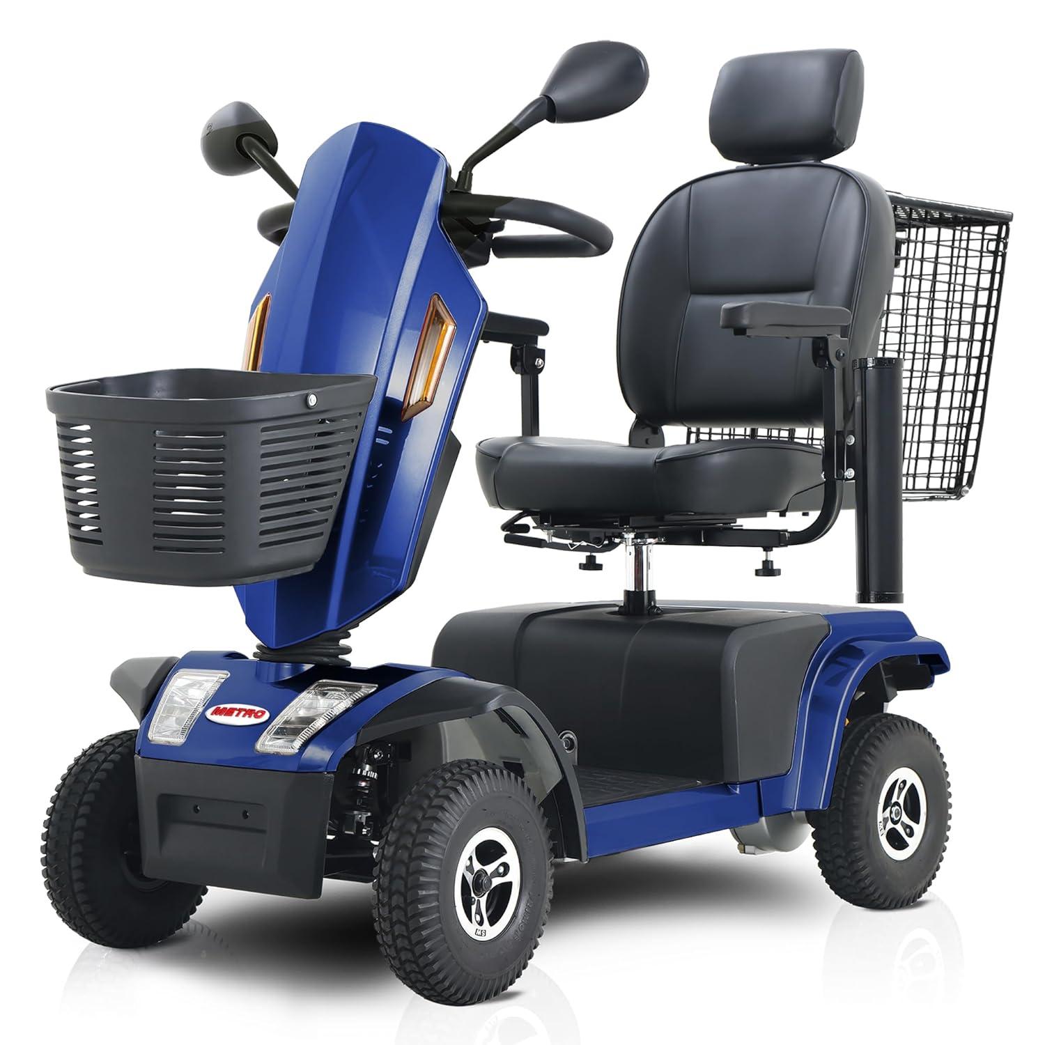 Metro S500 4-Wheel Electric Scooter with Windshield, 500W Motor, Cup Holders & USB Charging Port, LED Lights, Crutch case, Front and Rear Baskets, Blue