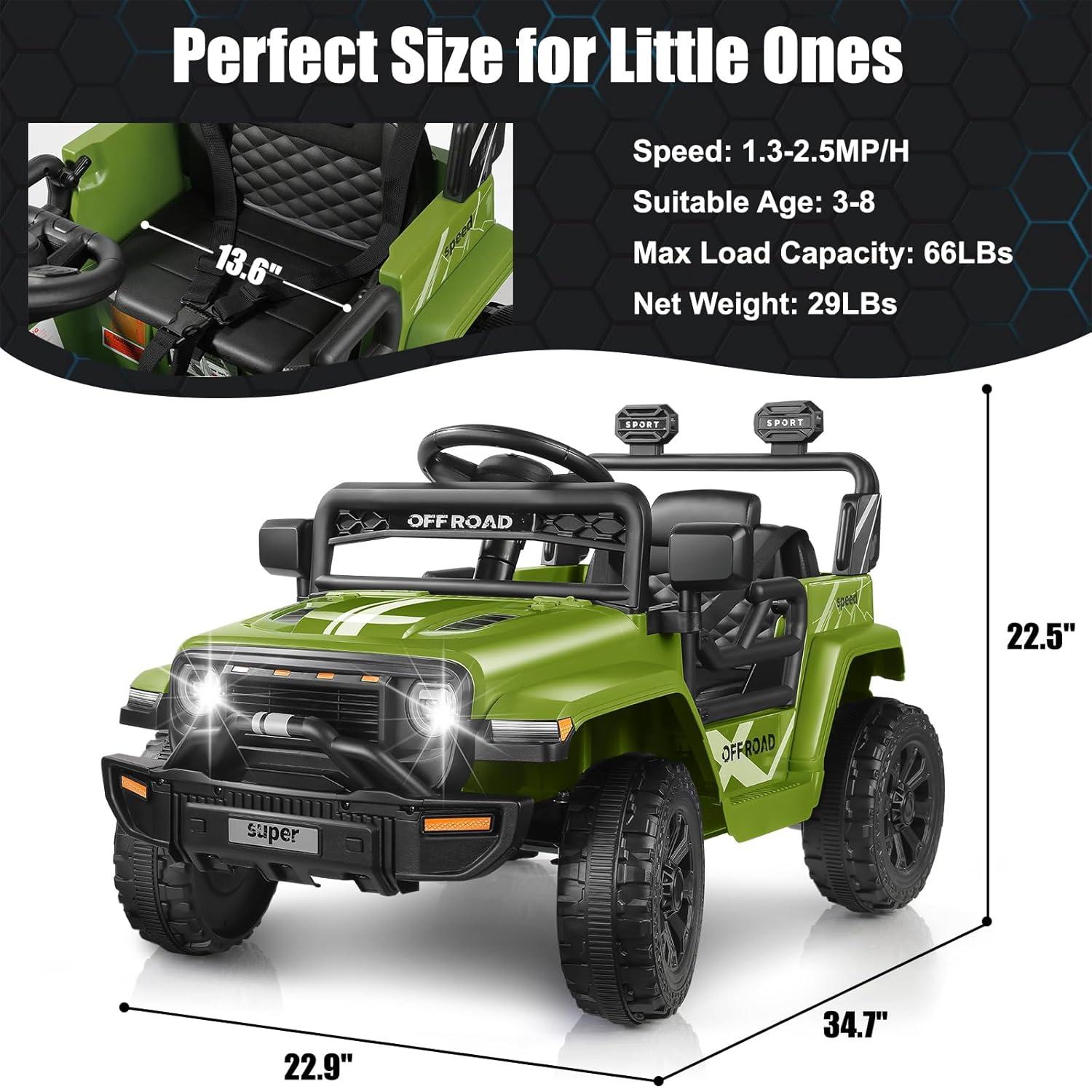 Himimi 12V Ride On Toys For Kids With Remote Control, 1 Seater Kids Electric Car Jeep,LED Lights, Multi-Speed Transmission, MP3 Player