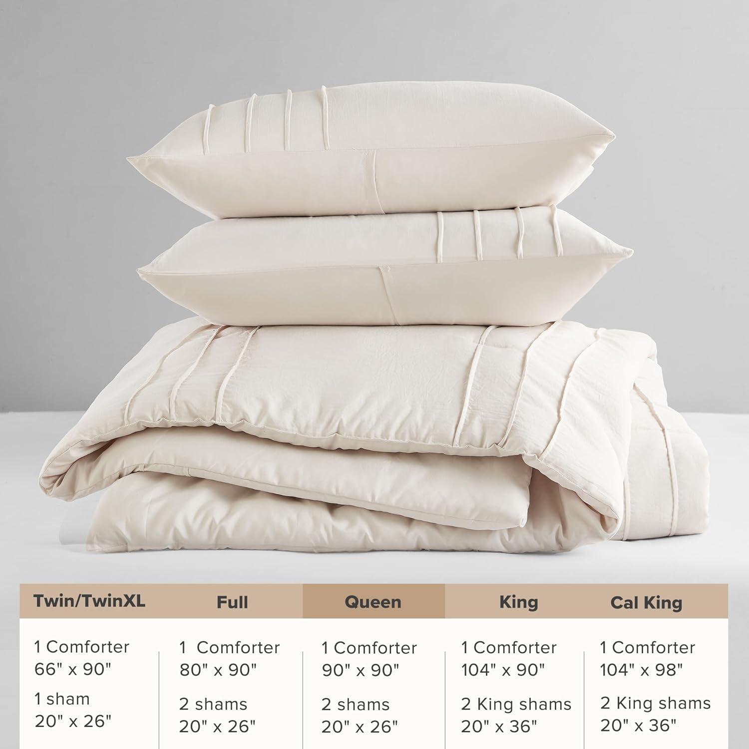 Comfort Spaces Cream Queen Size Comforter Set - 3 Pieces Pintuck Pleated Bedding Sets Queen, All Season Lightweight, Extra Softness Pre-Washed Microfiber Queen Bed Set, Shams, Full/Queen