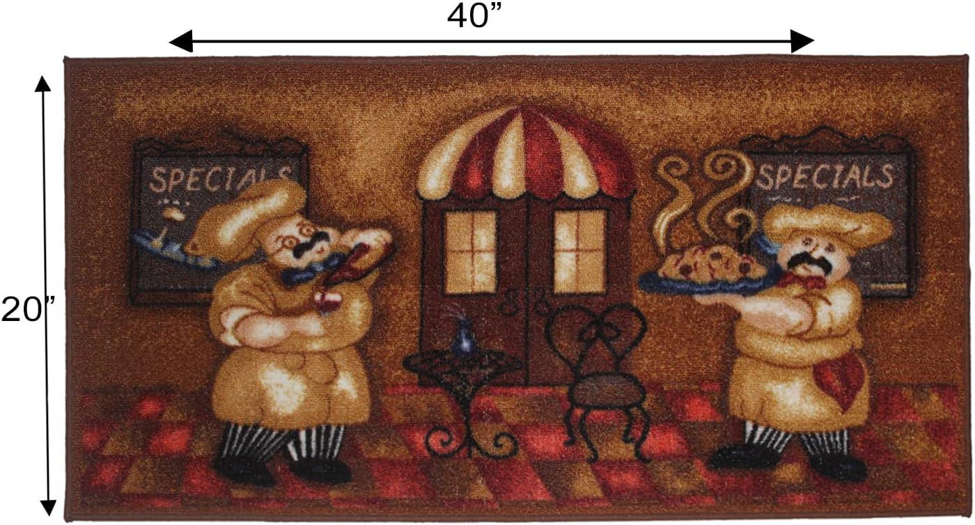 Kashi Home Kitchen Rug, Printed Area Rug, Durable Floor, Door Mat, Farmhouse Non-Slip Carpet Latex Backing Beautiful Design Chef 3pc Set (2 18x30 D Shape & 1 20x40)