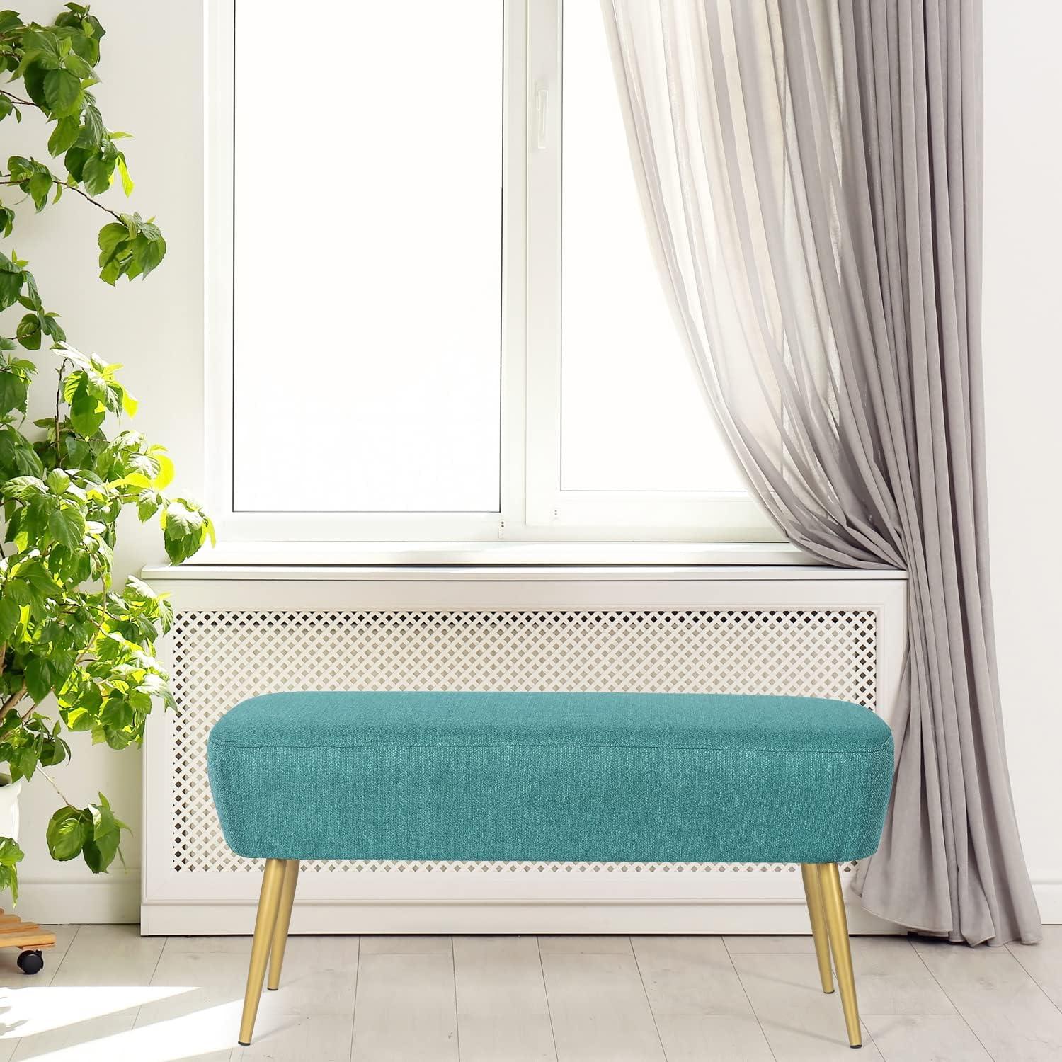 Adeco Upholstered Line PeacockGgreen Ottoman, 35 inch, End of Bed Footrest Stool with Golden Metal Legs for Bedroom, Living Room Entryway Bench, Peacock Green (KX0167-6)
