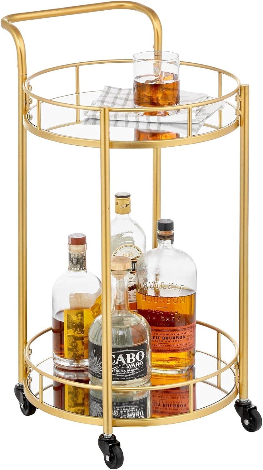 Soft Brass Round Metal Bar Cart with Glass Shelves