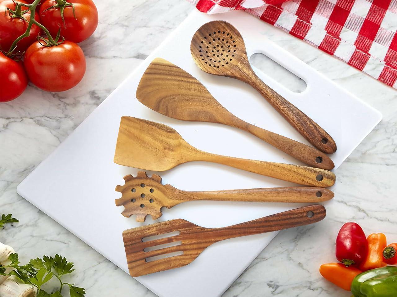 Wooden Spoons for Cooking, 10 Pcs Teak Wood Cooking Utensil Set ‚ Wooden Kitchen Utensils for Nonstick Pans & Cookware ‚ Sturdy, Lightweight & Heat Resistant