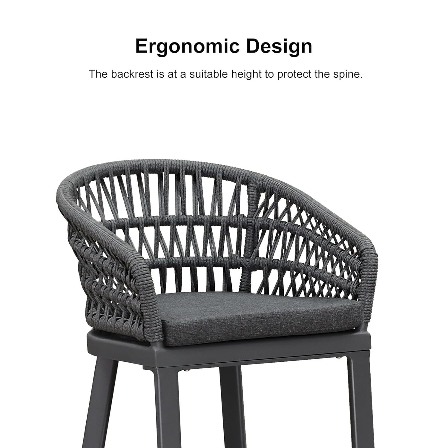 PURPLE LEAF Outdoor Rattan 29" Bar Stools Set of 2, Modern Boho Aluminum Patio Bar Height Chair with Cushion and Back for Outdoor and Indoor, Grey