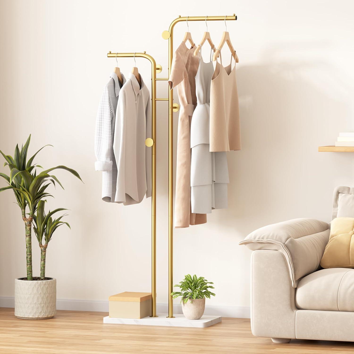 HOMEFORT Coat Rack, Freestanding Metal Coat Racks, Double-pole Clothes Hat Stand with 5 Hooks for Closet, Bedroom, Entryway, Living Room, Gold