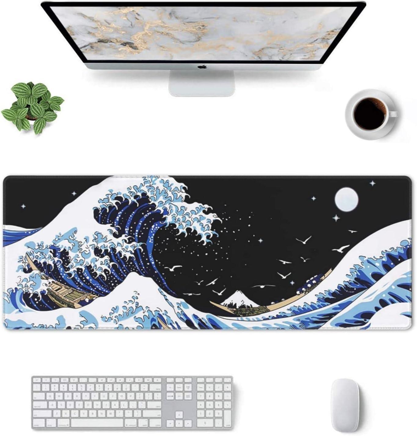 Japanese Blue and Black Sea Wave Mouse Pad Abstract Blue Desk Mat 31.5x11.8 Inch Sea Wave Texture Non-Slip Rubber Base Wave Mousepad Stitched Edges Keyboard Mouse Mat Desk Pad for Office Home Game