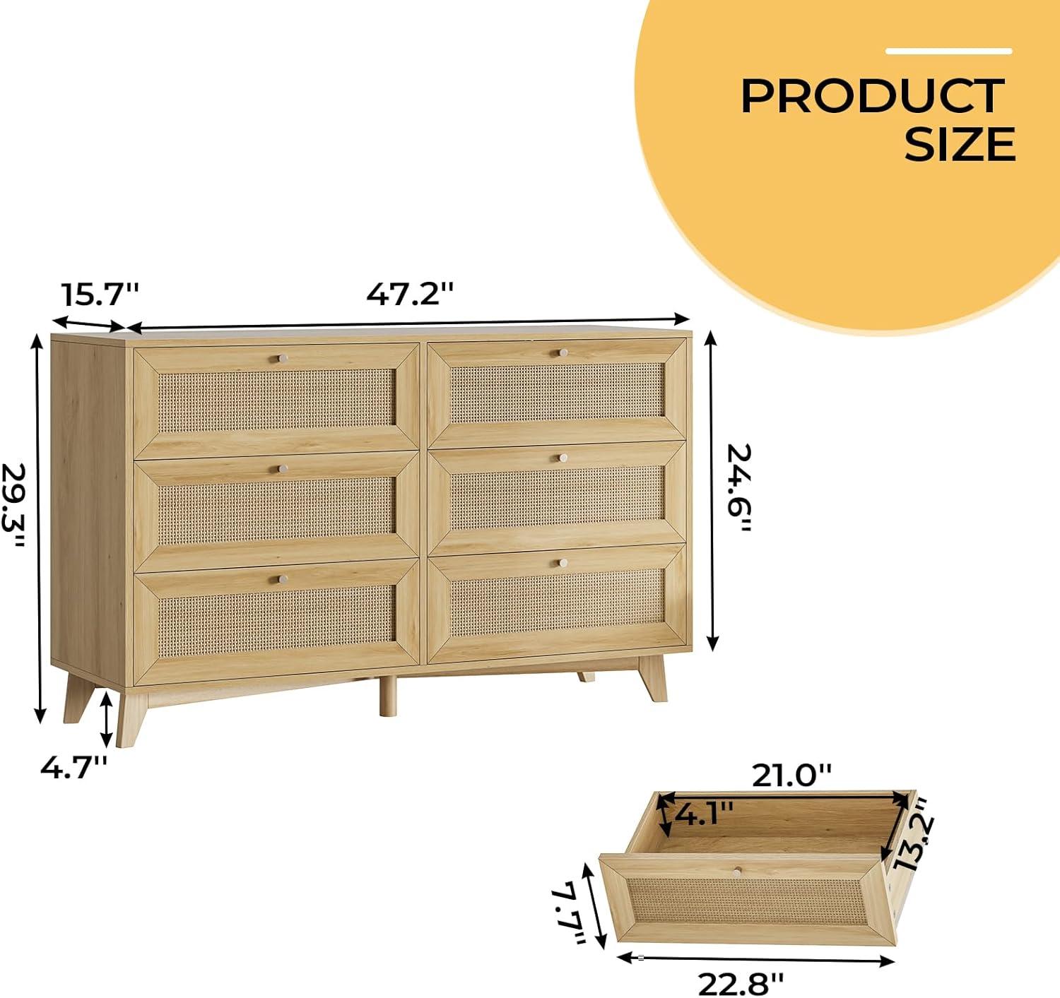 Natural Rattan and Wood Double Dresser with Six Drawers