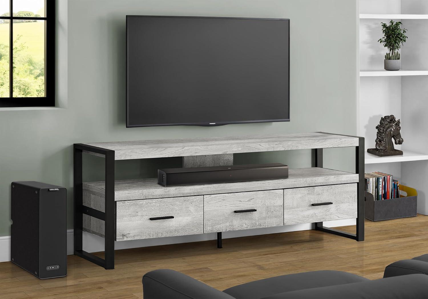 Monarch Specialties Tv Stand 60 Inch Console Media Entertainment Center Storage Drawers Metal Laminate Grey Black Contemporary Modern