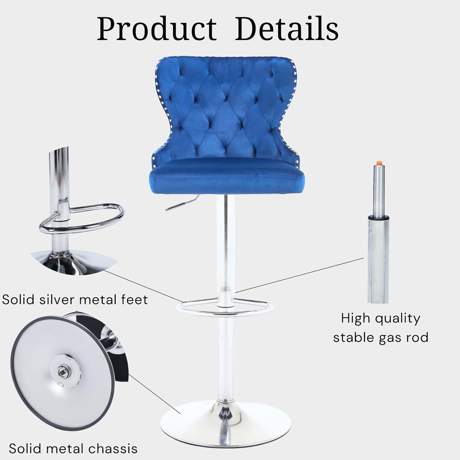 Adjustable Blue Velvet Swivel Bar Stools with Silver Base