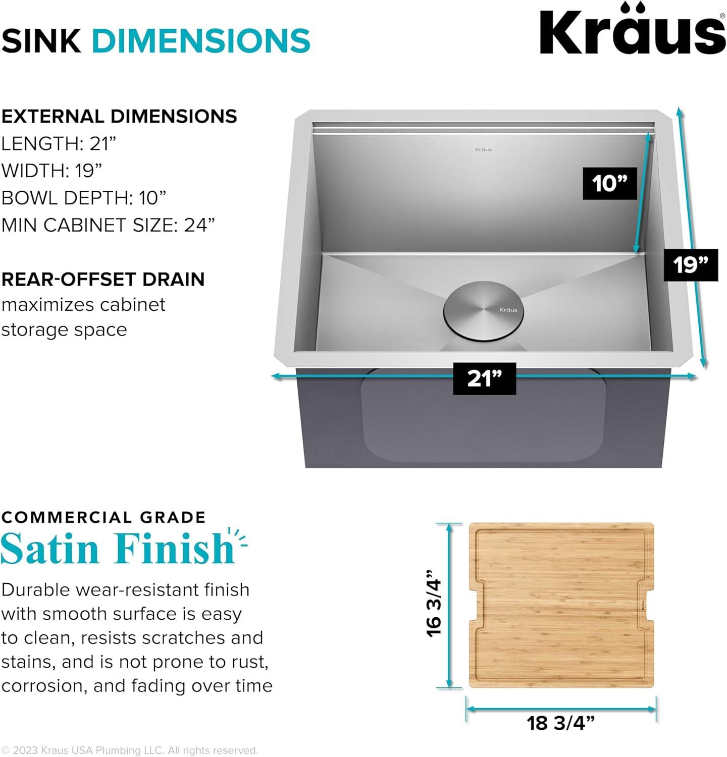 KRAUS Kore™ 21" L Undermount Workstation 16 Gauge Stainless Steel Single Bowl Kitchen Sink with Accessories