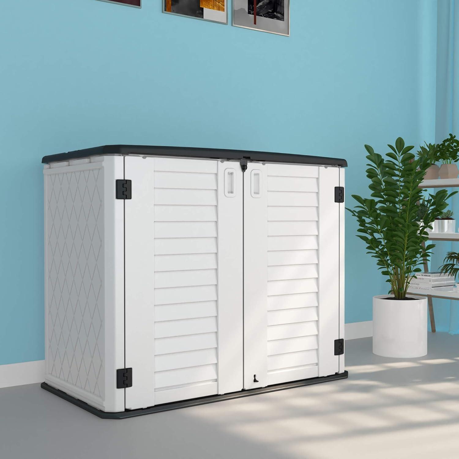 White HDPE Resin Outdoor Storage Shed with Shelving