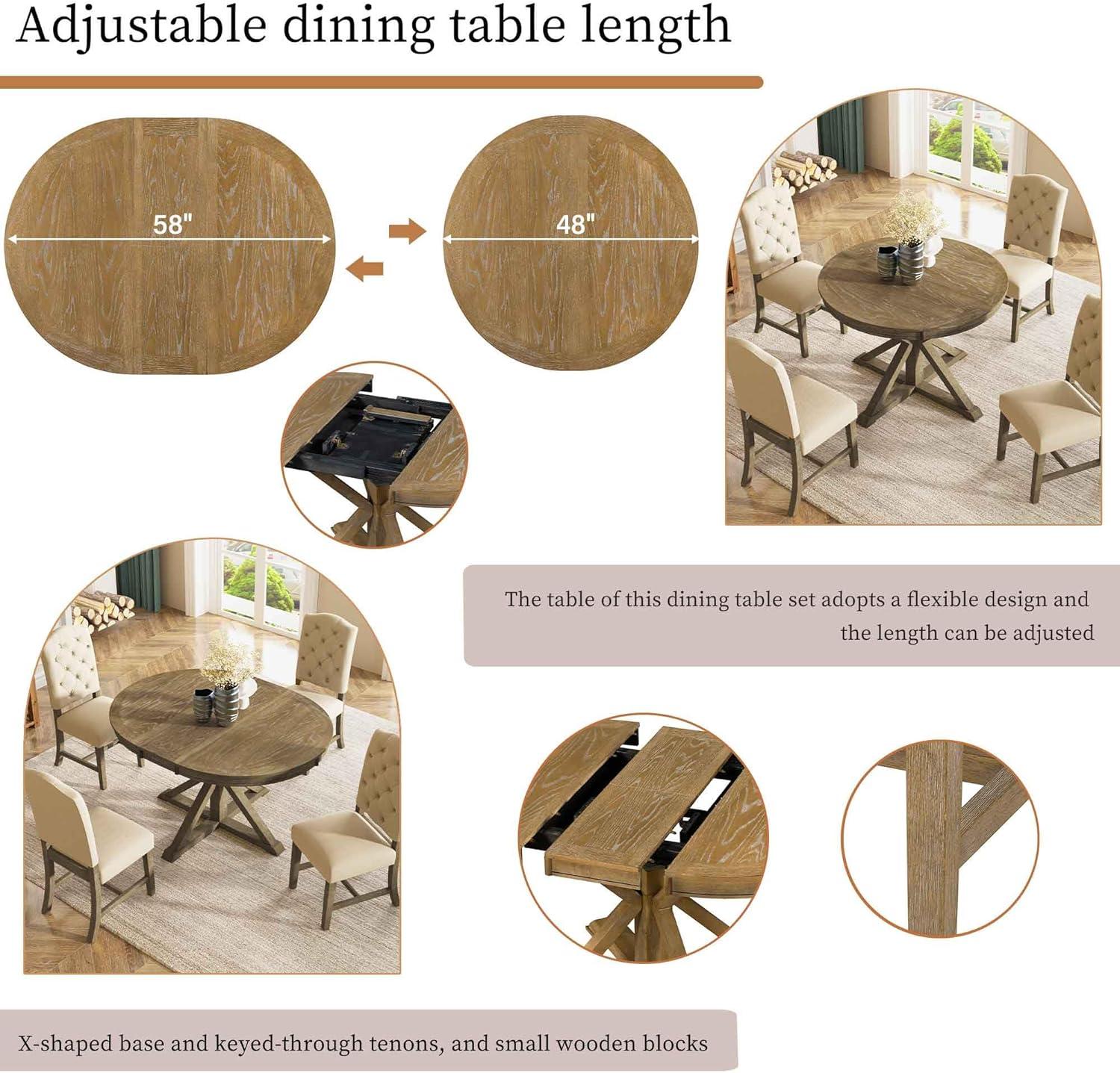Bellemave Extendable Dining Table Set for 4, 5-Piece Round Table Set with 4 Chairs, Circle Table with Upholstered Chairs, Oval Kitchen Table Set with Extendable Table (Natural Wood Wash)