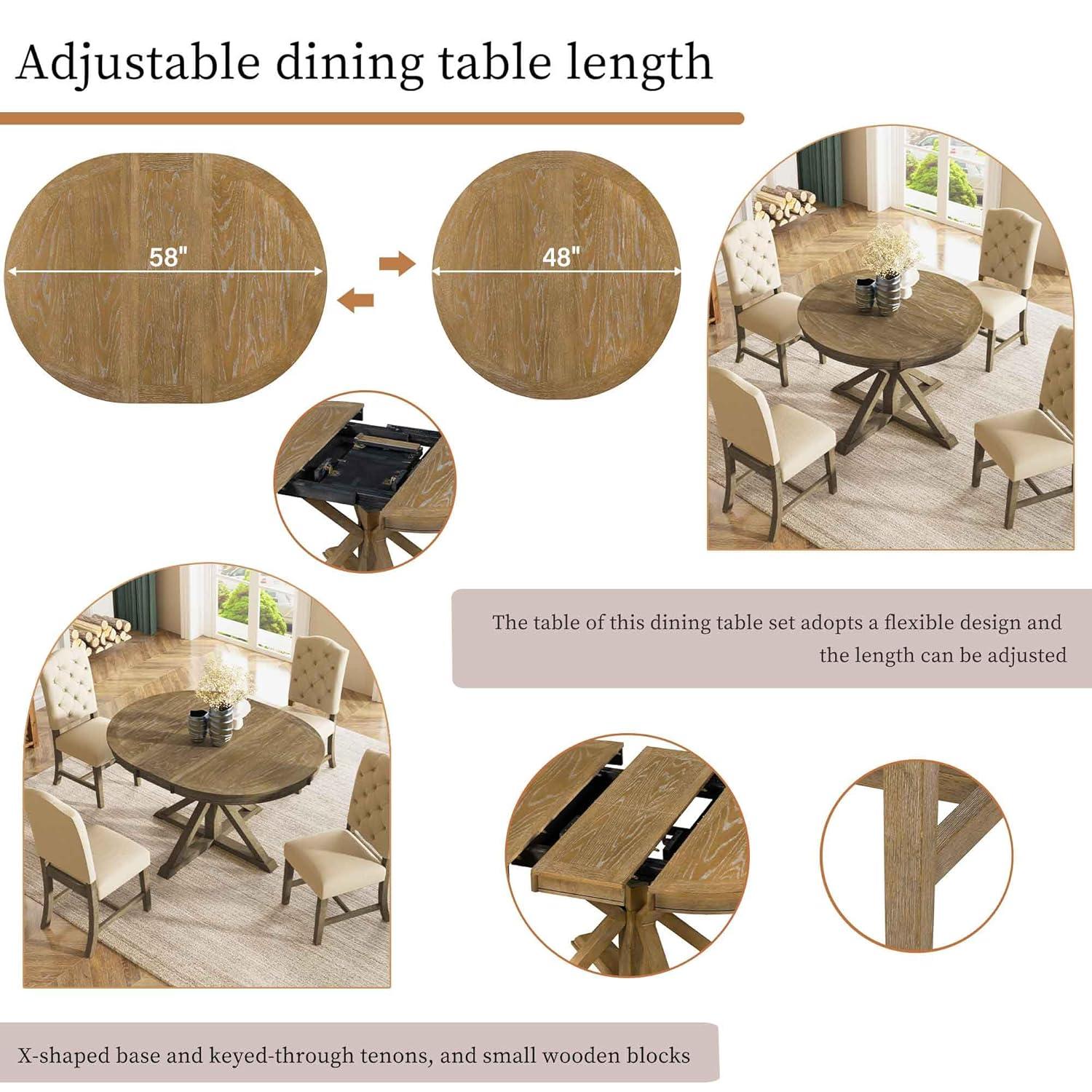 Bellemave Extendable Dining Table Set for 4, 5-Piece Round Table Set with 4 Chairs, Circle Table with Upholstered Chairs, Oval Kitchen Table Set with Extendable Table (Natural Wood Wash)