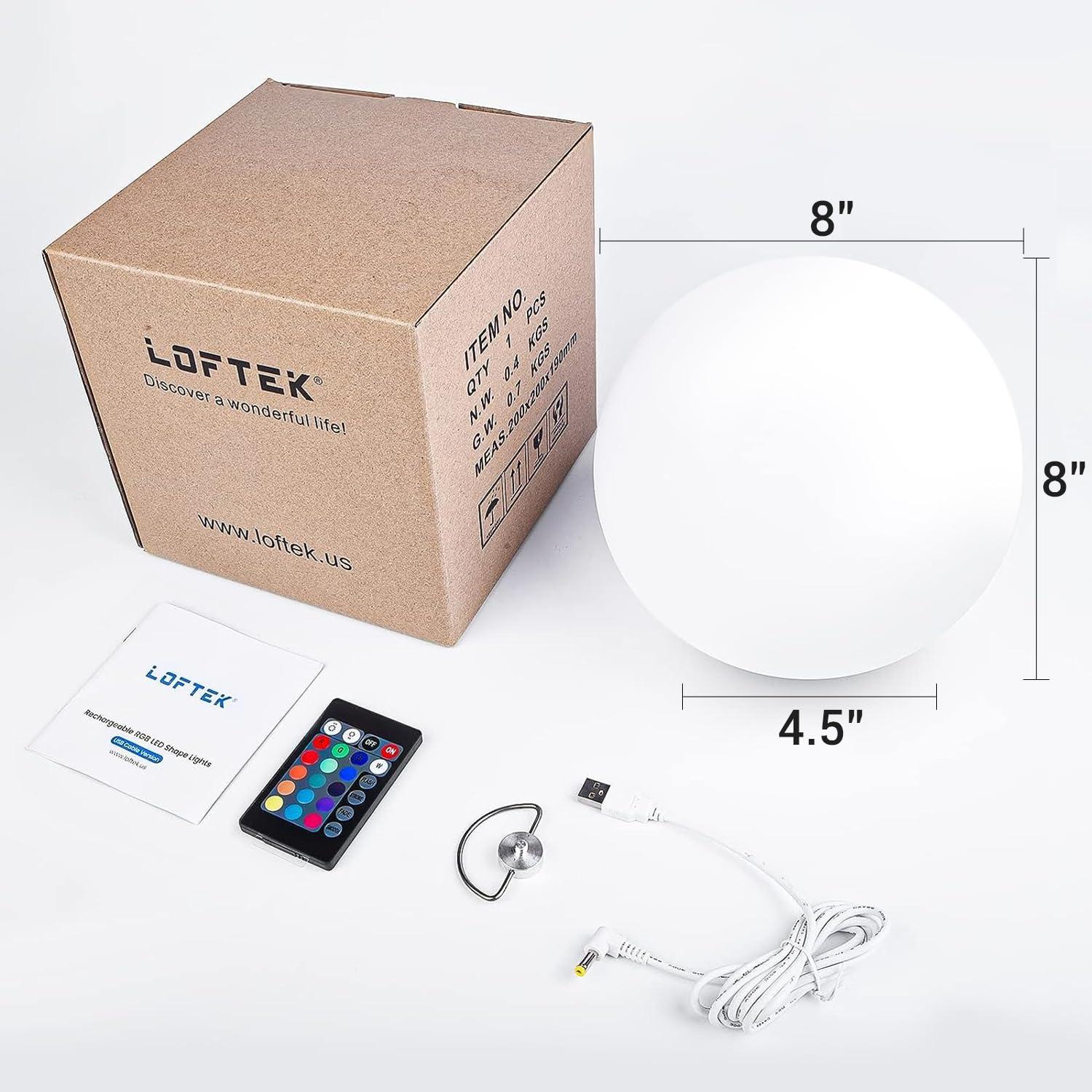 LOFTEK 8-inch LED Night Light Ball: 16 RGB Colors and Dimmable Globe Light with Remote, Upgraded Folding Handle, Seamless Matte Housing, Rechargeable IP65 Floating Pool Light, for Nursery or Decor