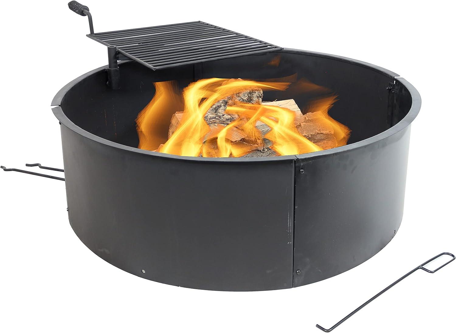 Sunnydaze Outdoor Heavy-Duty Steel Portable Campfire Ring with Cooking Grate and Fire Poker - 36" - Black