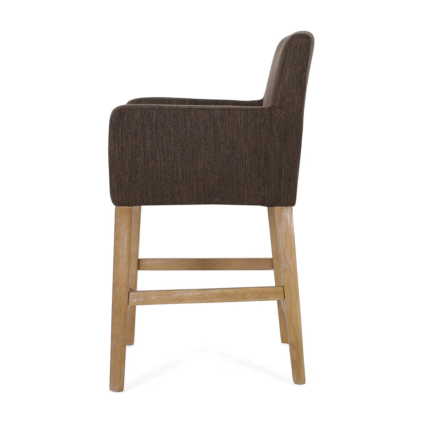 Brown Upholstered Wood Counter Stools with Armrests, Set of 2