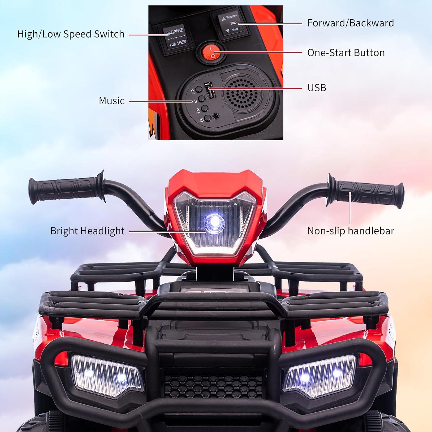 Jojoka 12V Kids ATV Ride on Car, Battery Powered Electric Toys Vehicle for Toddlers,High/Low 2.2mph Safety Speed for Child, Forward/Backward, LED Light, Music, Gift for 3-6 Years Boys & Girls, Red