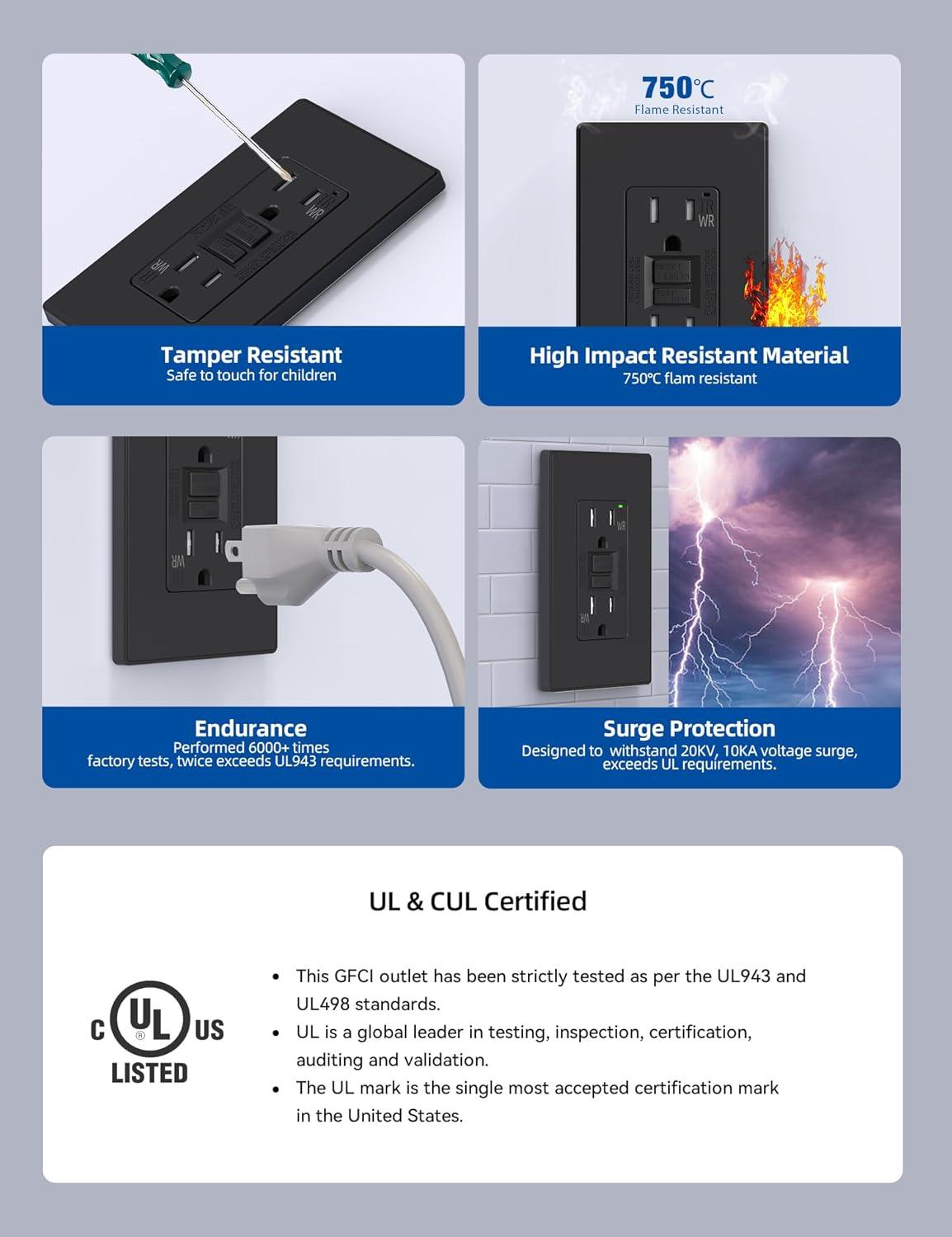 ELEGRP GFCI Outlet Outdoor, 15 Amp Self-Test GFI Electrical Outlet with Thinner Design, Weather & Tamper Resistant GFCI Receptacle, Ground Fault Receptacle with Screwless Wall Plate, UL Listed, Black